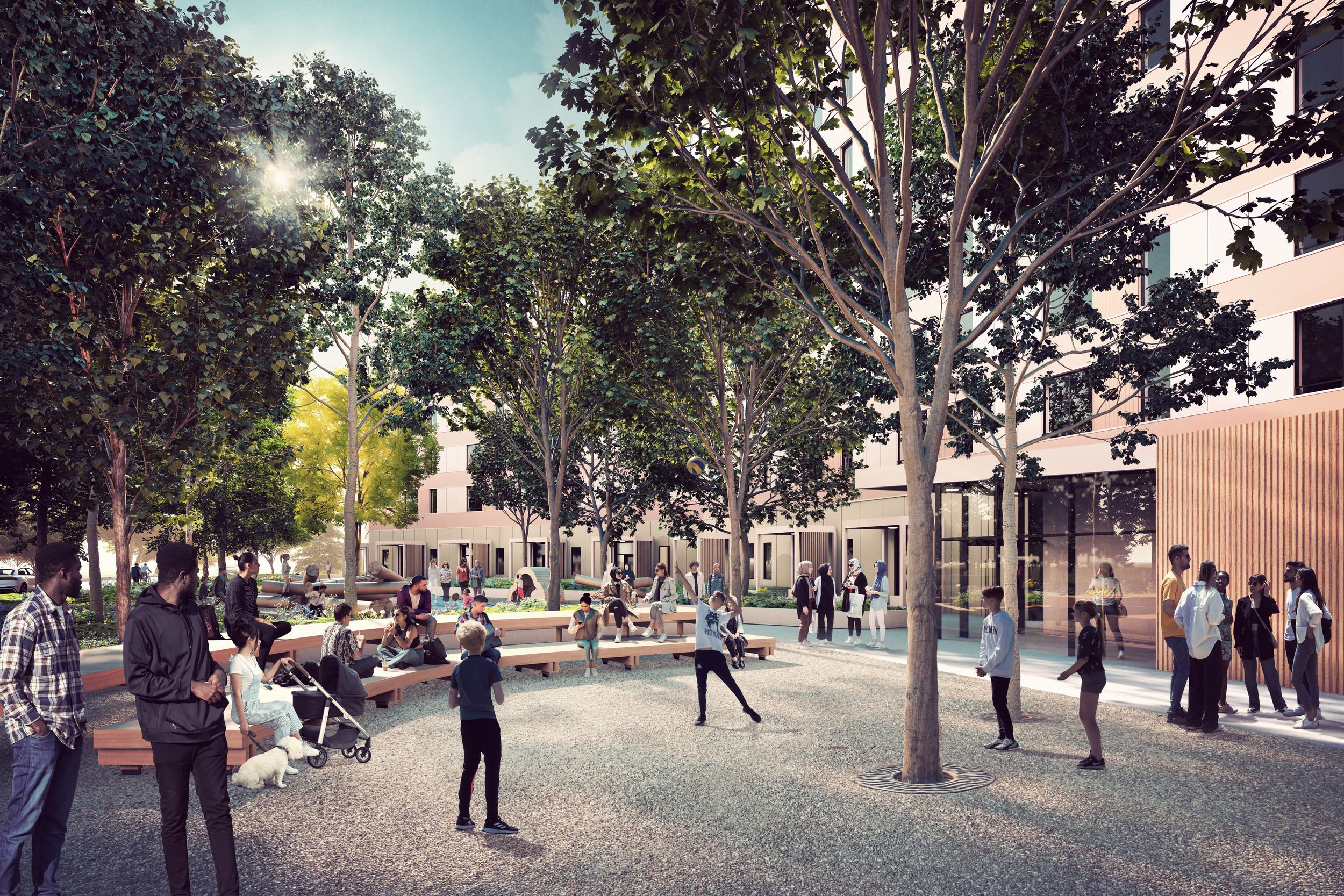 Architectural rendering of a community plaza featuring mature trees, benches, and gathering spaces between modern buildings.