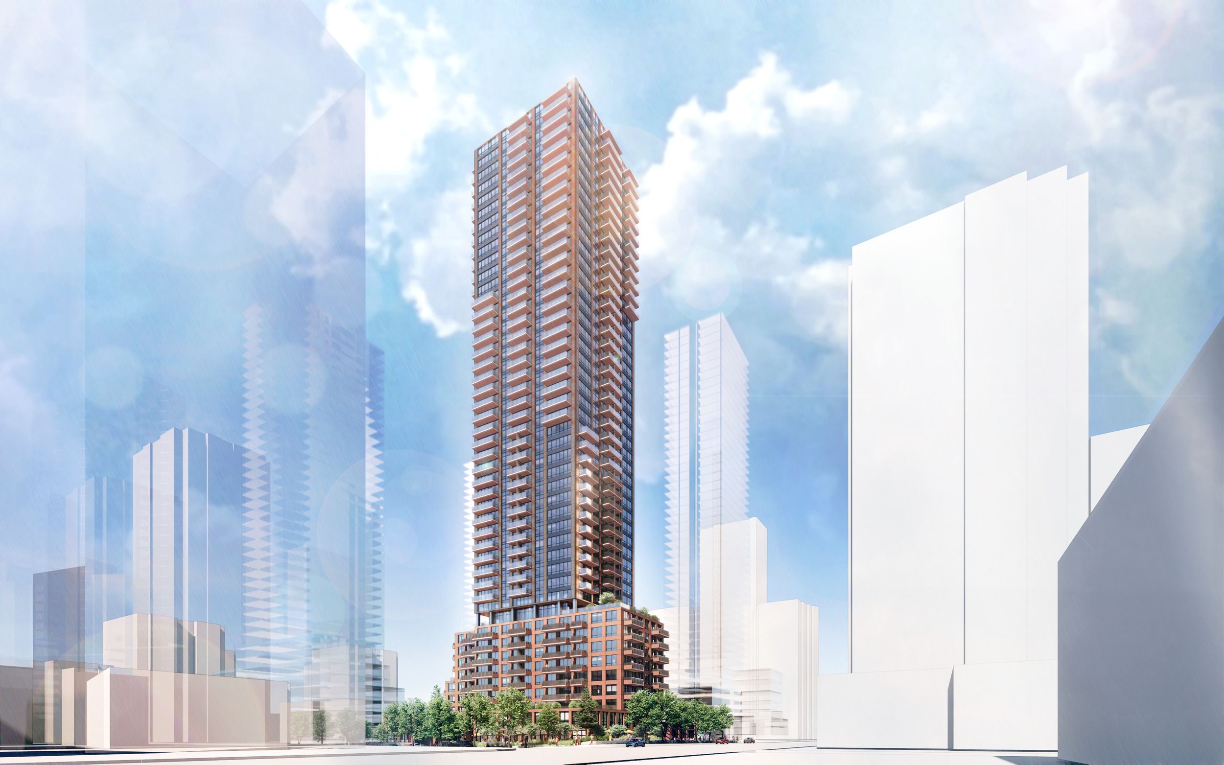 Architectural rendering of a proposed high-rise residential tower with brick and glass facade surrounded by urban context.