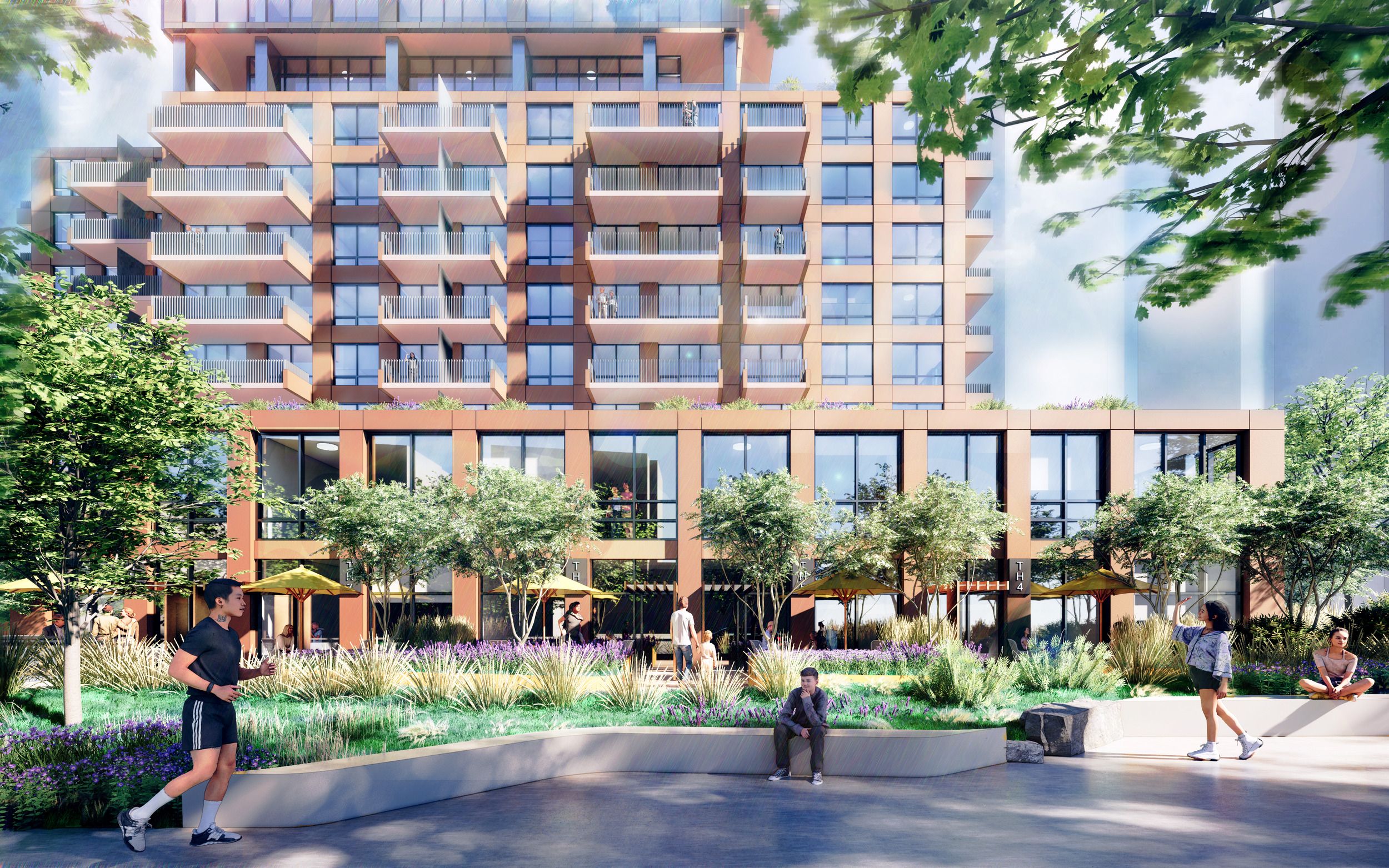 Architectural rendering of a modern residential building with ground-floor retail spaces and landscaped public courtyard featuring curved seating areas and native plantings.