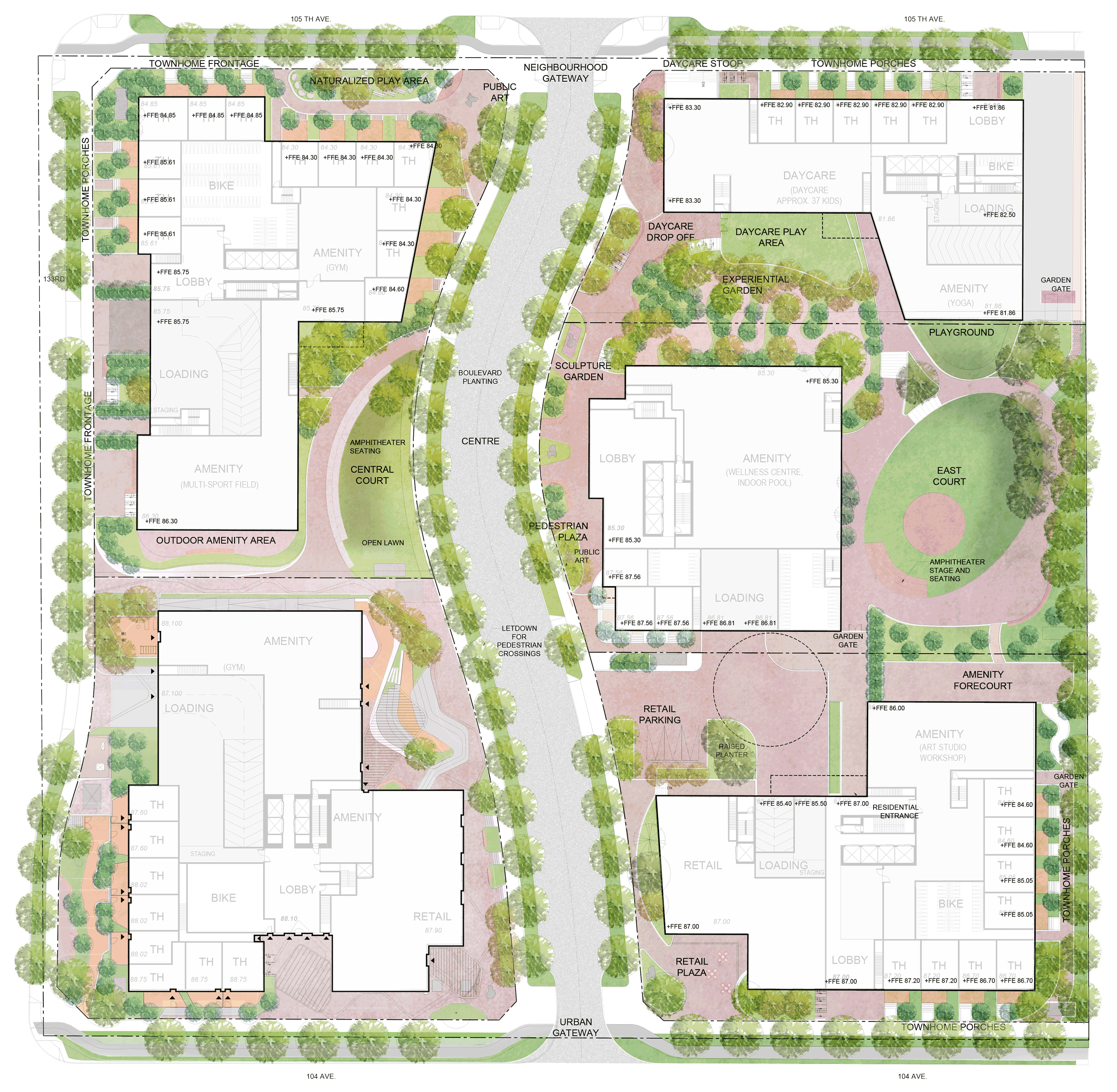 Site plan showing mixed-use development with residential buildings, retail spaces, daycare facility, central boulevard, and integrated putdoor amenities including courtyards, playground and gardens.