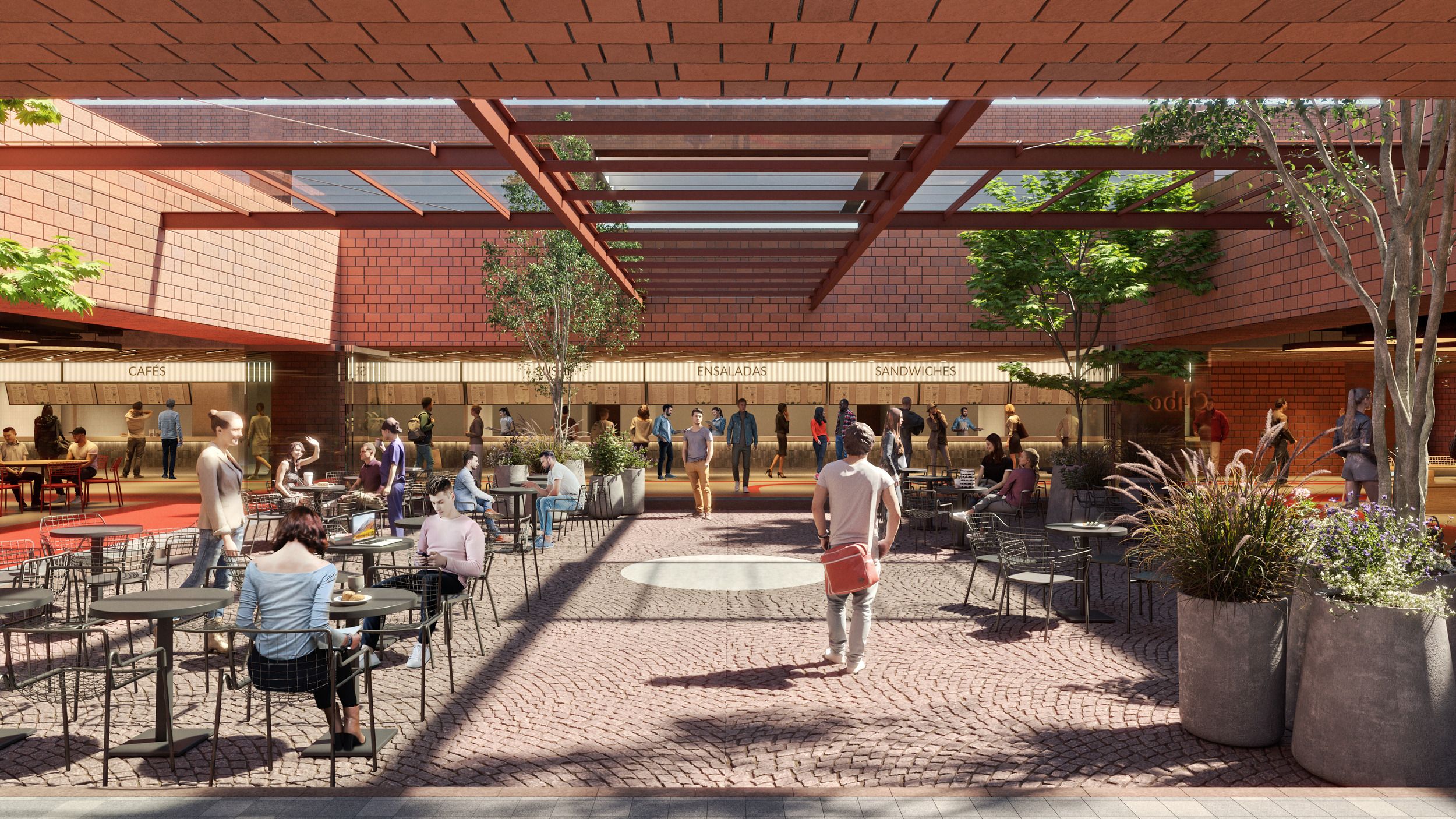 Architectural rendering of an outdoor dining courtyard with covered seating areas, brick paving, and integrated planters beneath a wooden pergola structure.