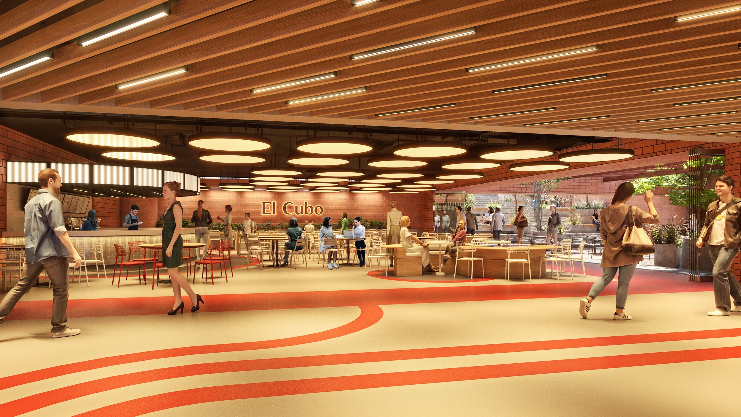 Interior architectural rendering of "El Cubo" dining area featuring modern ceiling design, curved floor patterns, and casual seating arrangements.