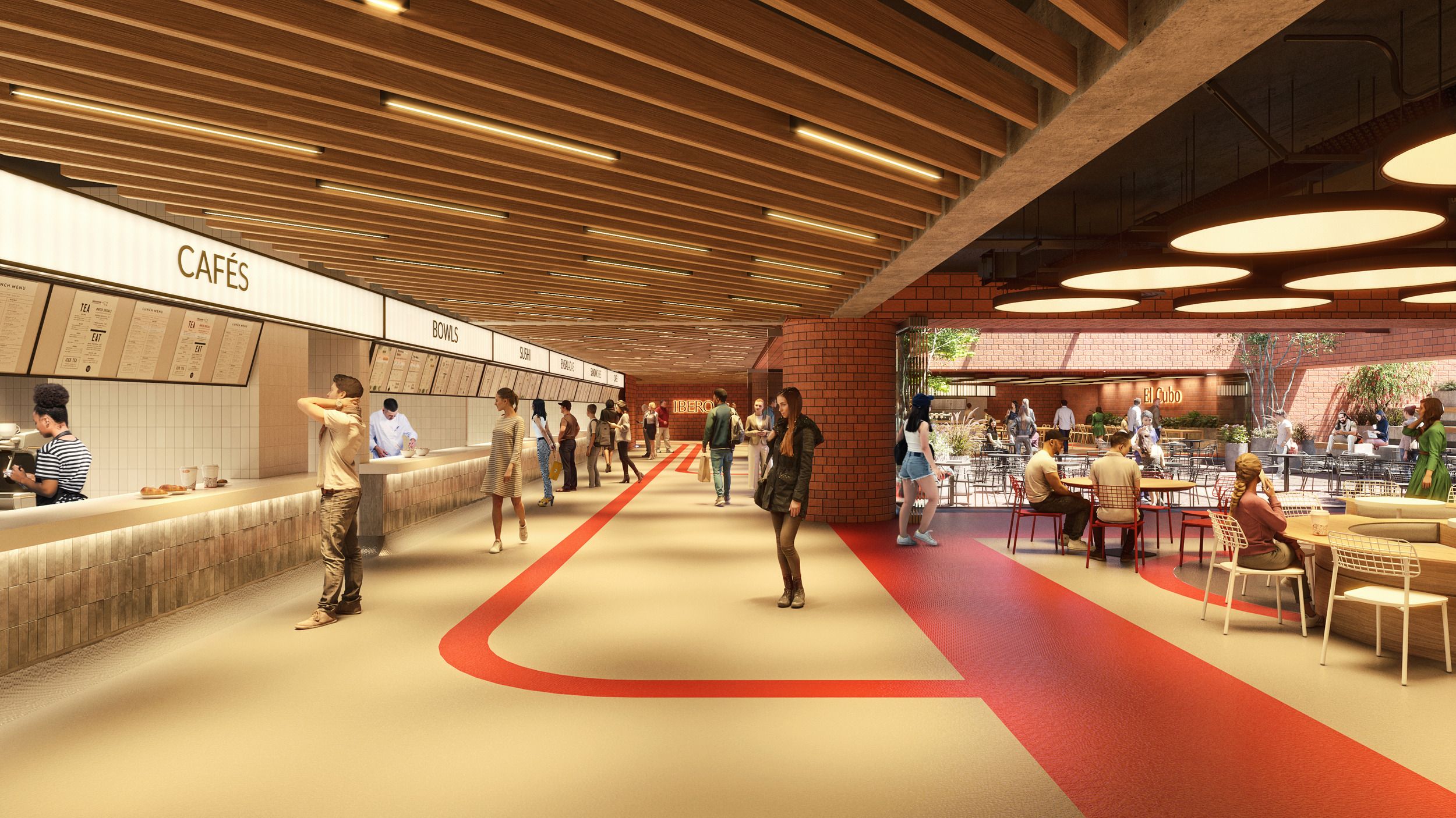 Architectural rendering of a modern food court featuring café counters, indoor seating, and an outdoor dining terrace with a distinctive red pathway design.