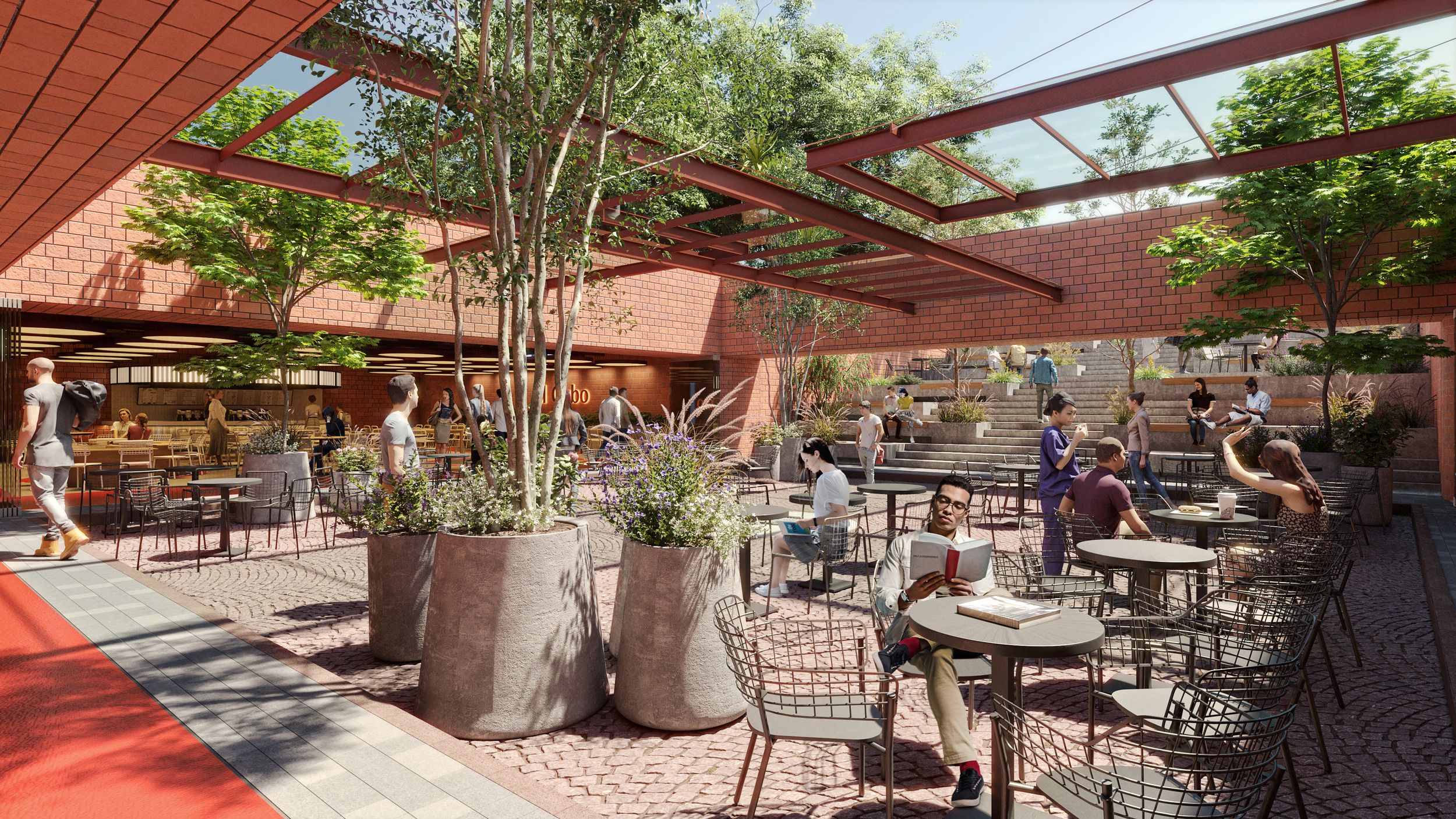 Outdoor dining courtyard with brick walls, pergola coverage, and integrated planters creating a modern restaurant patio space.
