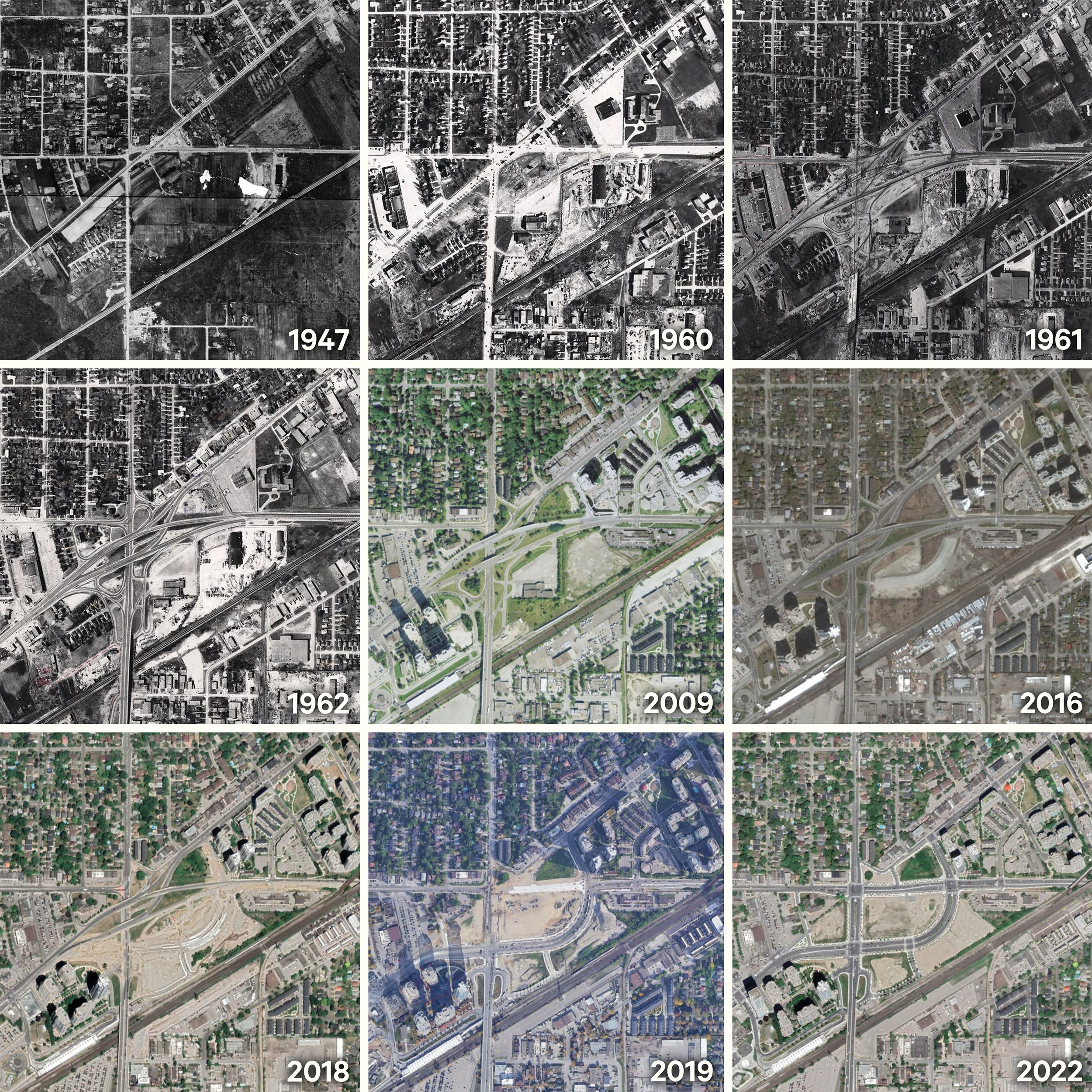 Aerial historical photographic images showing suburban development pattern with residential neighborhoods intersected by major roadways being delevloped over time into a complex junction then remediated into its current iteration.