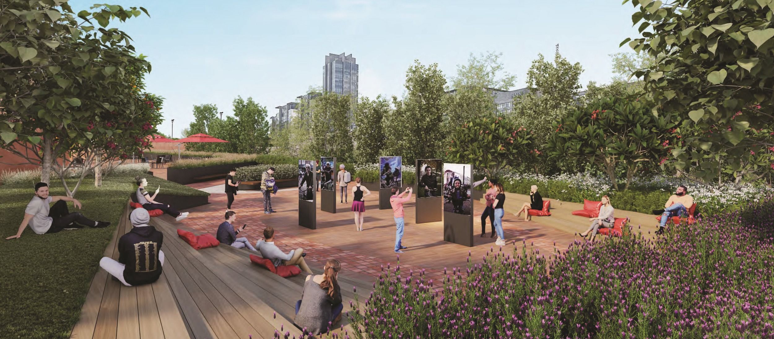 Architectural rendering of an urban rooftop garden featuring seating areas, red umbrellas, and curved wooden decking against a cityscape backdrop.
