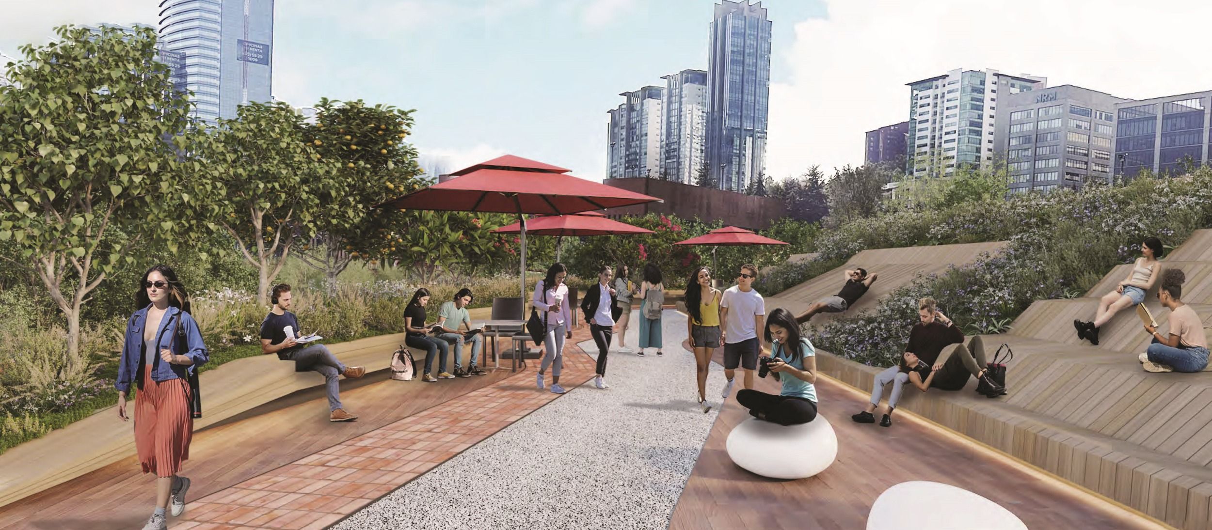 Architectural rendering of an urban rooftop garden featuring seating areas, red umbrellas, and curved wooden decking against a cityscape backdrop.