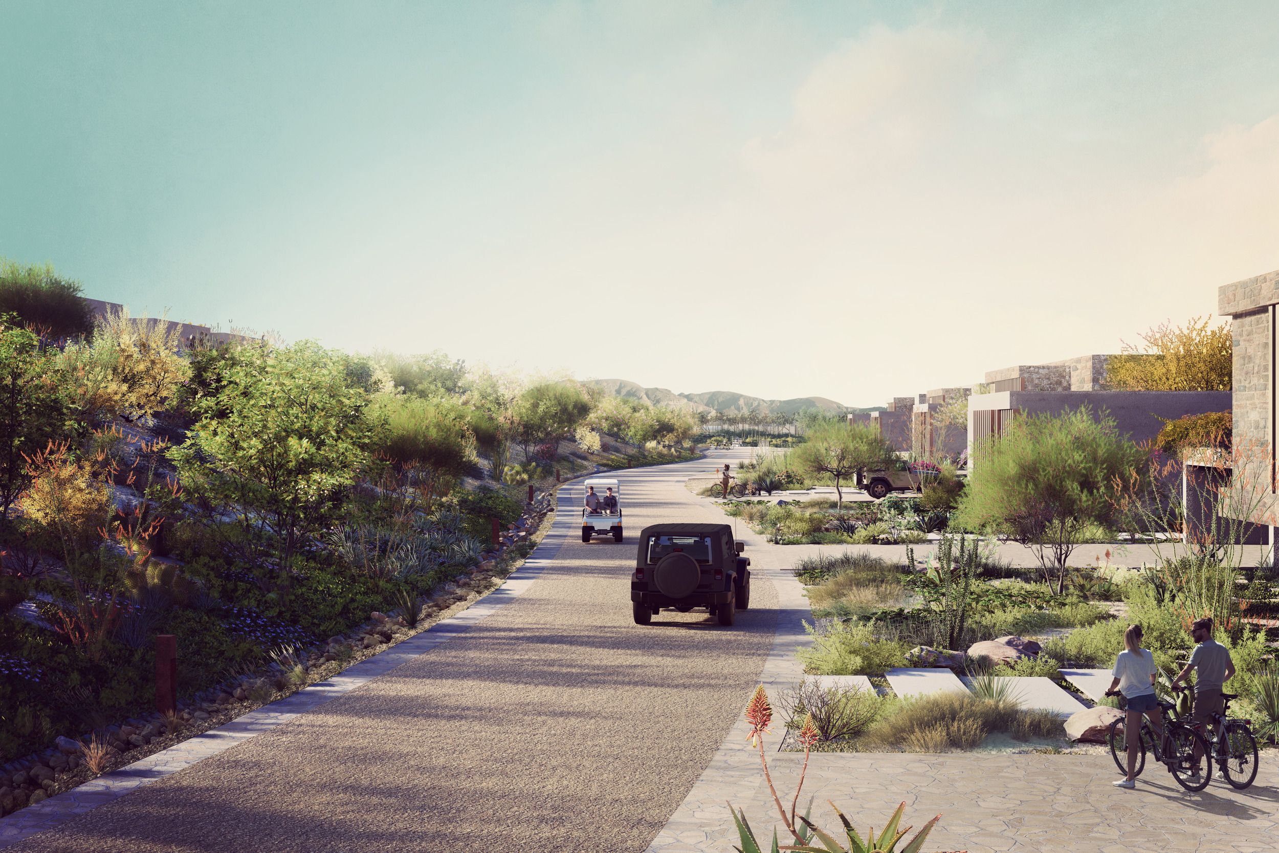 Desert resort community road lined with native landscaping, featuring golf carts and bicyclists enjoying the path.