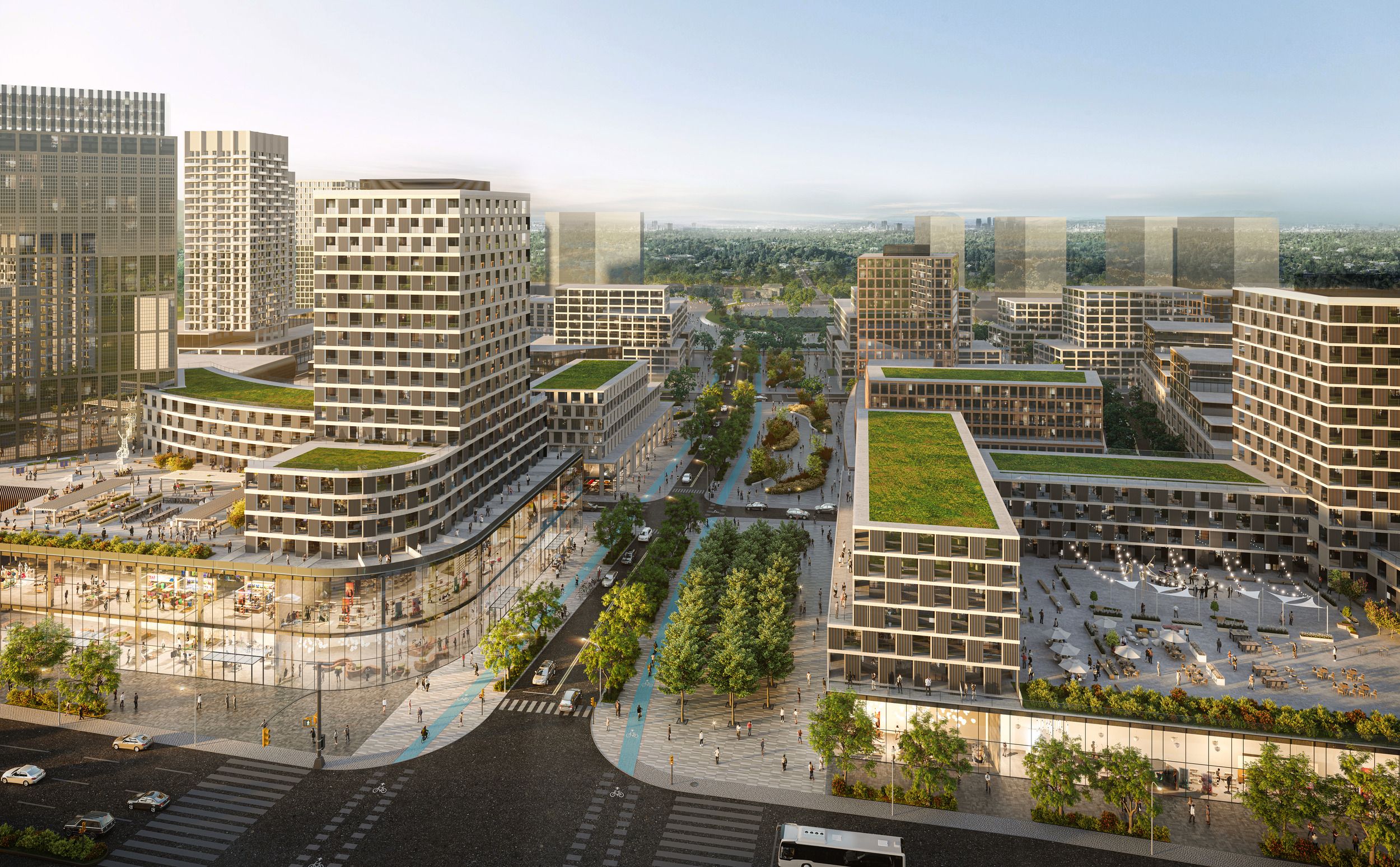 Architectural rendering of a modern urban development featuring mixed-use buildings with green roofs, retail spaces, and a tree-lined pedestrian boulevard at its center.