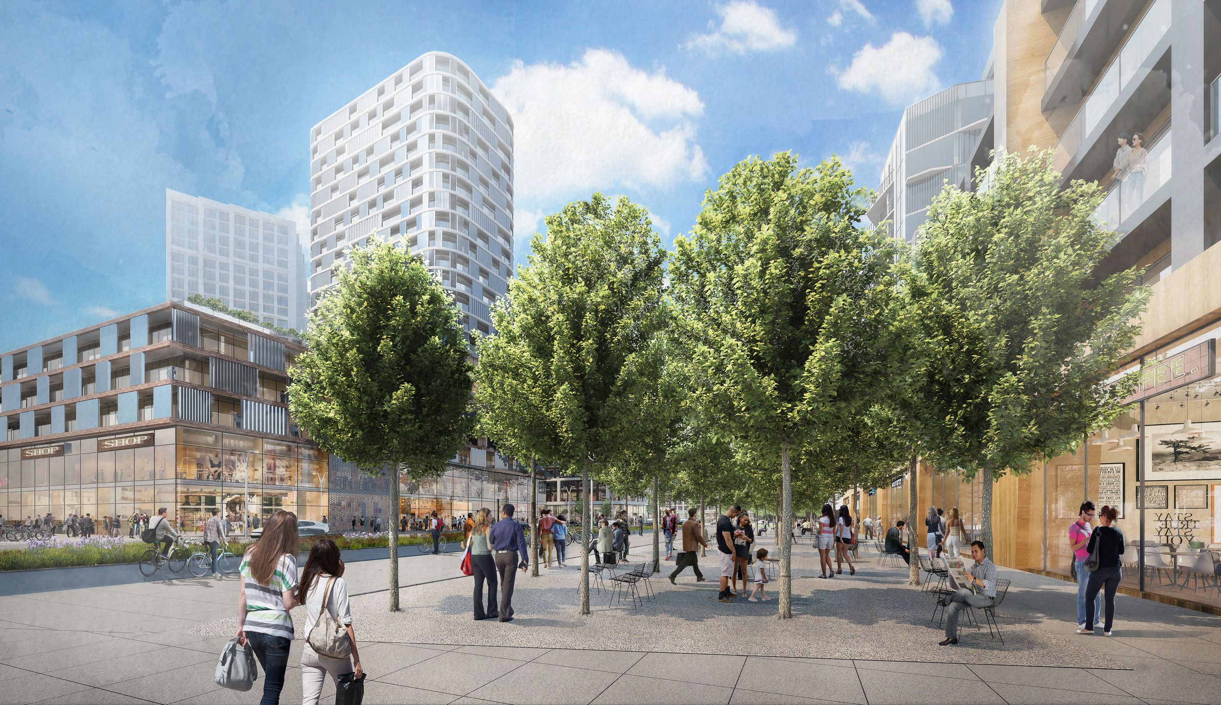 Architectural rendering of a mixed-use urban development featuring retail spaces at street level, residential towers, and a tree-lined pedestrian plaza.