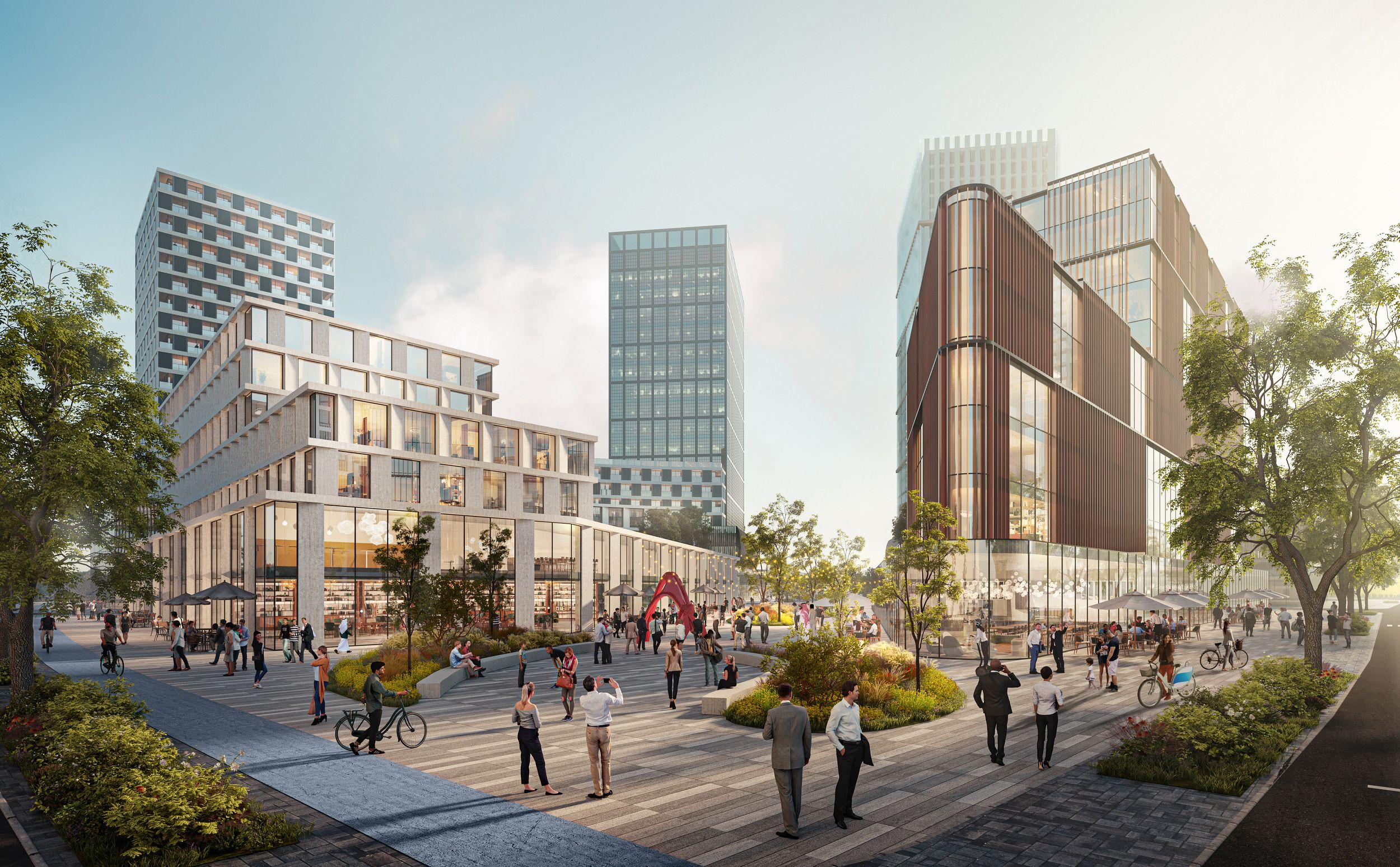 Architectural rendering of a modern mixed-use urban development featuring office towers, retail spaces, and a vibrant public plaza with pedestrian and cycling areas.