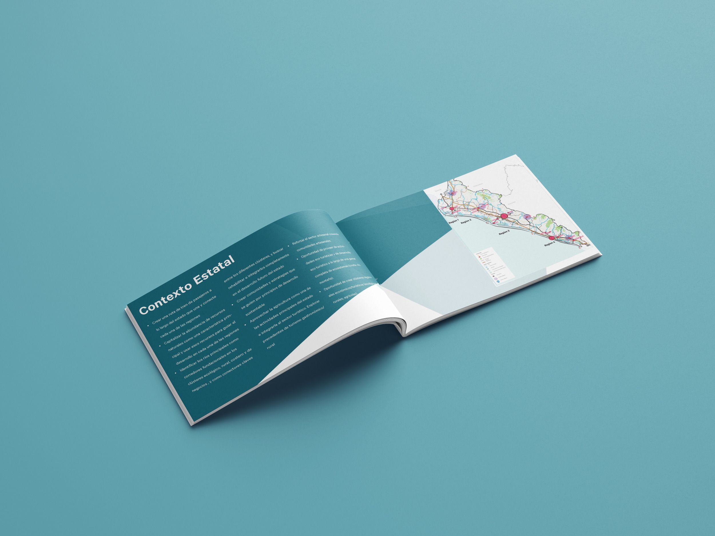 Open document showing a state context section with map illustration and text layout in teal and white color scheme.