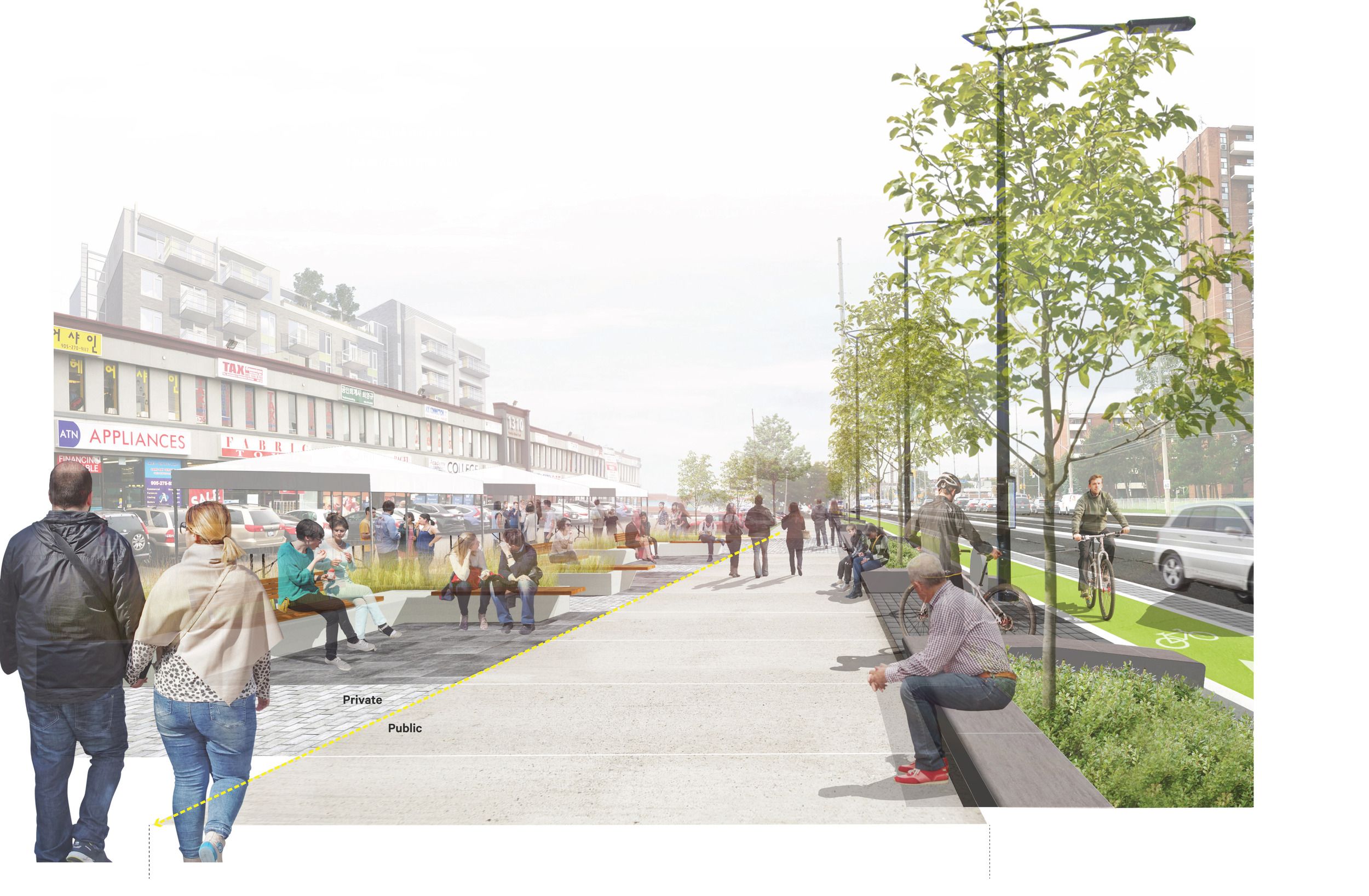 Urban streetscape design showing a mixed-use retail strip with widened pedestrian areas, seating, bike lanes, and landscaping.