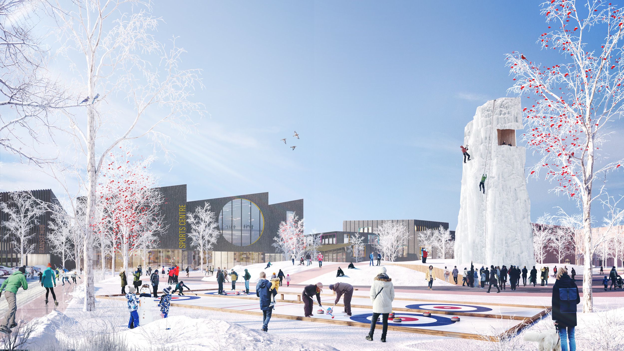 Architectural rendering of a winter recreation plaza featuring curling rinks, an ice climbing wall, and modern community buildings surrounded by frost-covered trees with red berries.