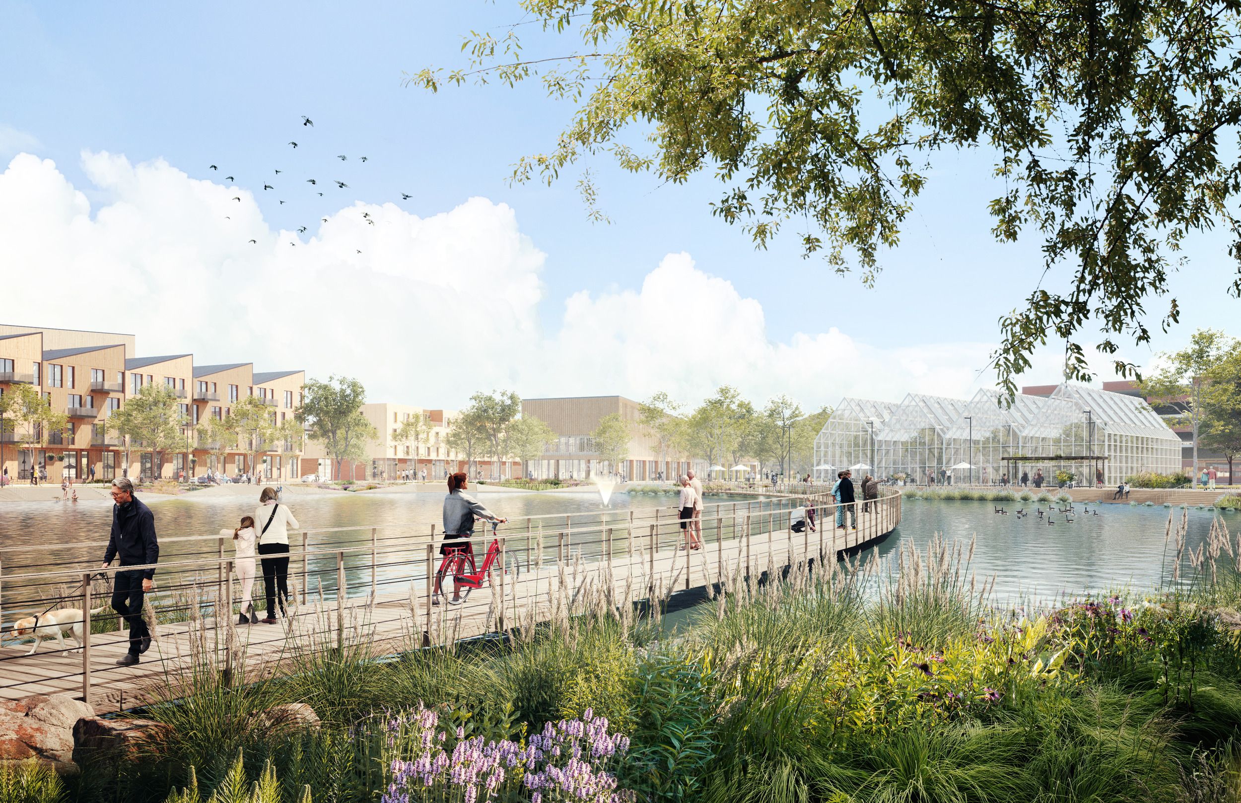 Architectural rendering showing a waterfront development with residential buildings, a public boardwalk, and greenhouse facilities integrated with natural landscaping.