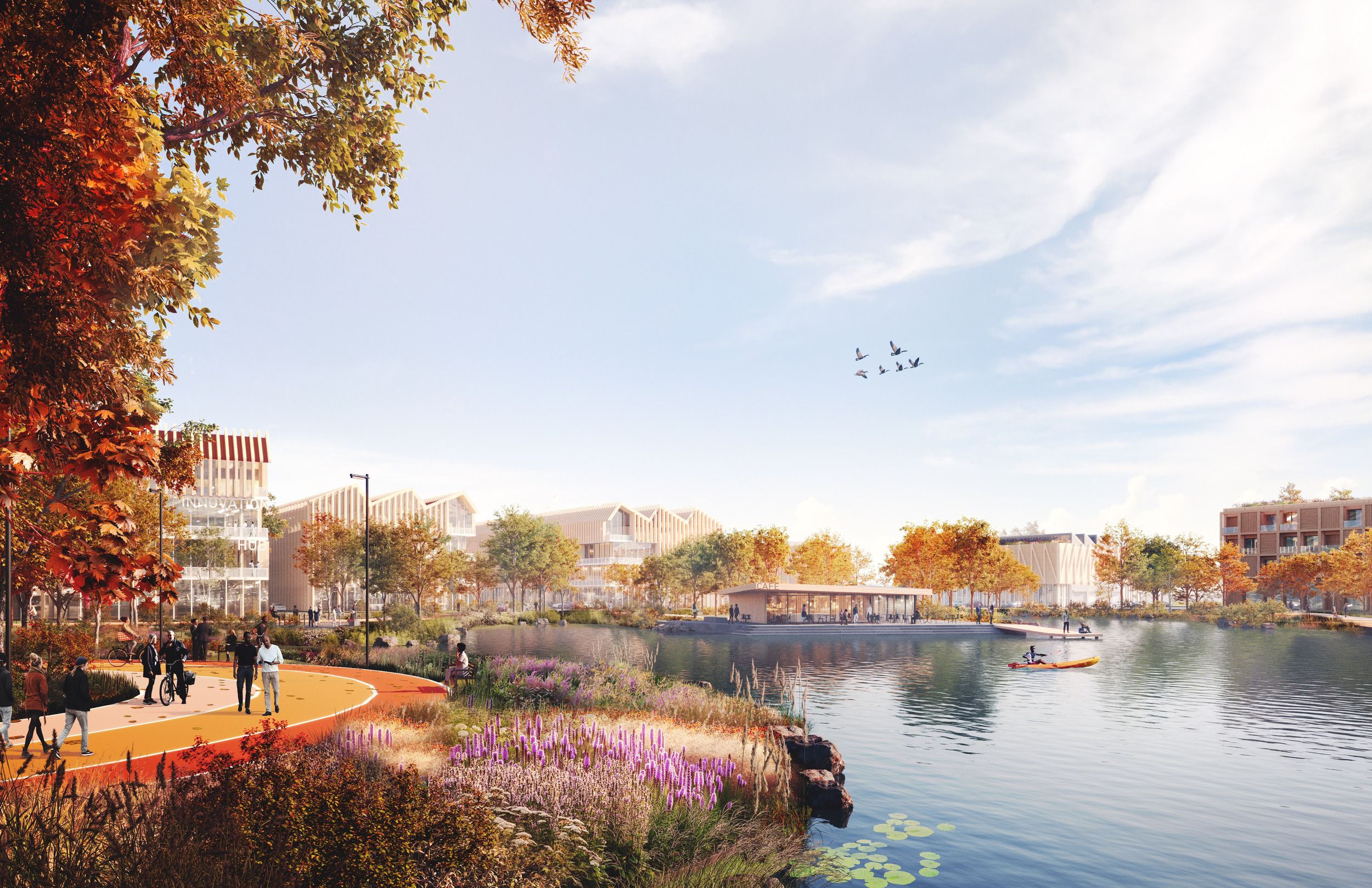 Architectural rendering of a waterfront development featuring residential buildings, lakeside walking paths, and natural landscaping in autumn colors.