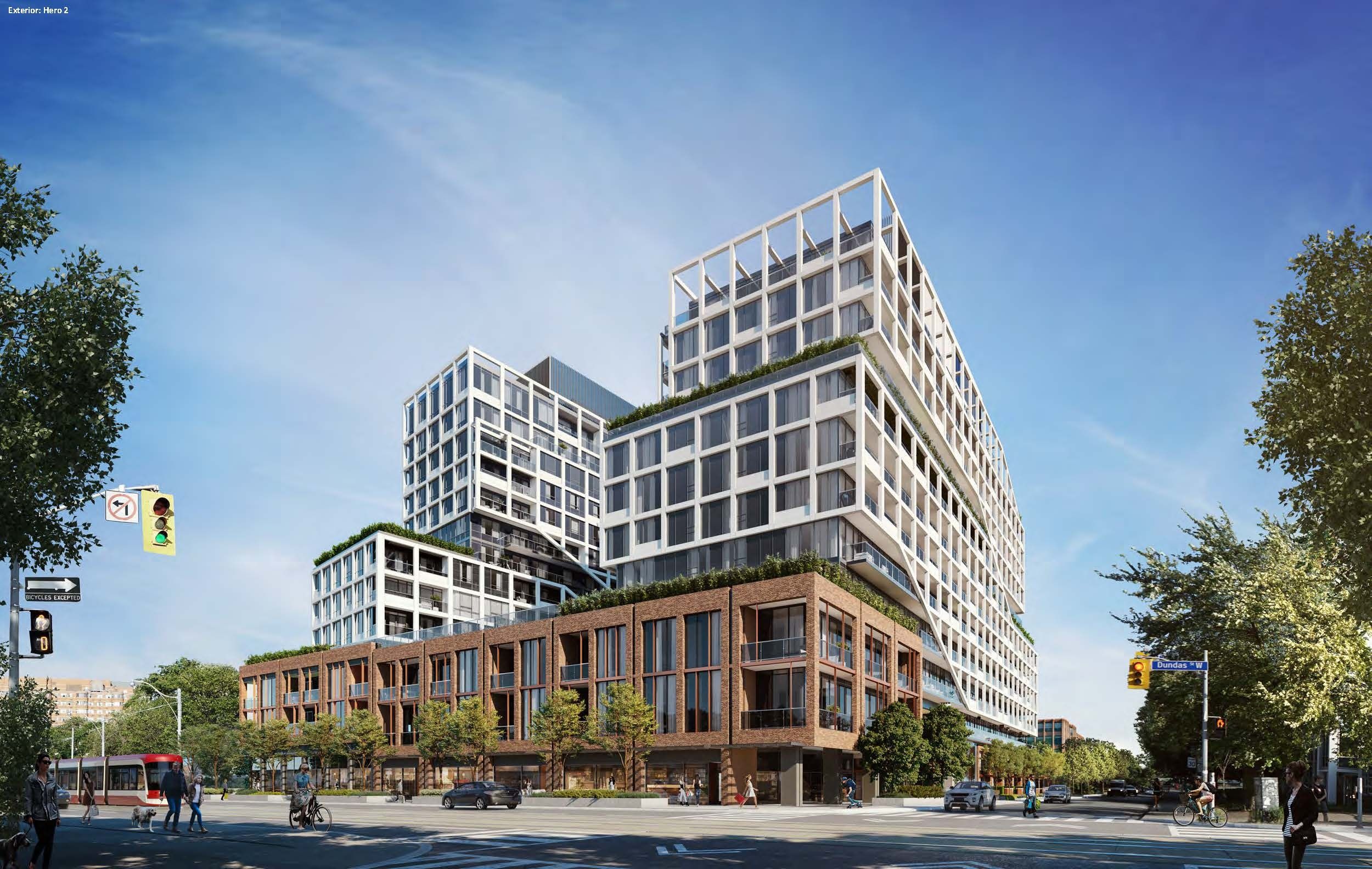 Architectural rendering of a modern mixed-use development featuring a stepped white tower with terraced green spaces above a wood-clad retail podium at street level.