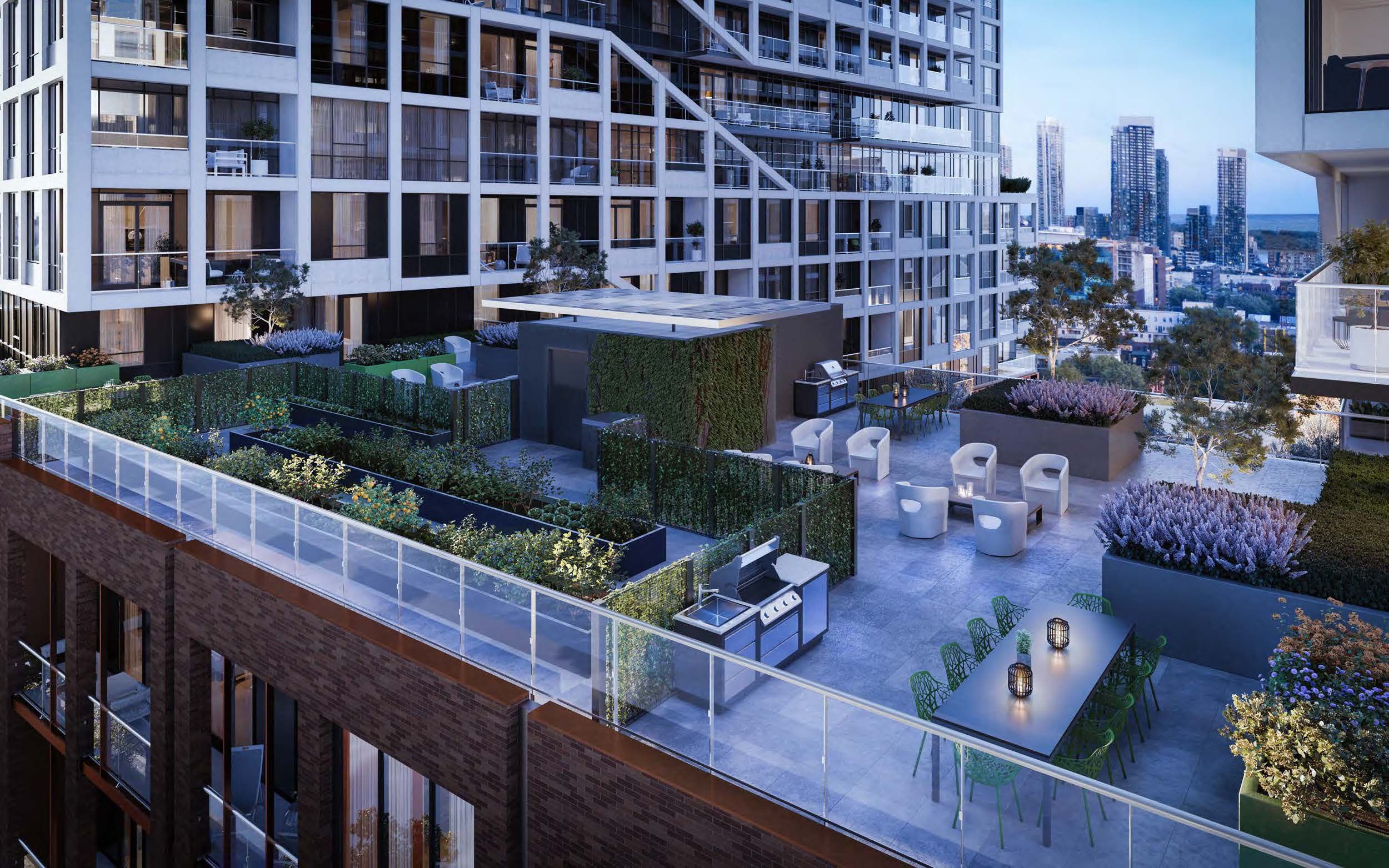 Apartment building's rooftop terrace featuring landscaped gardens, outdoor seating areas, and communal dining space with city skyline views.