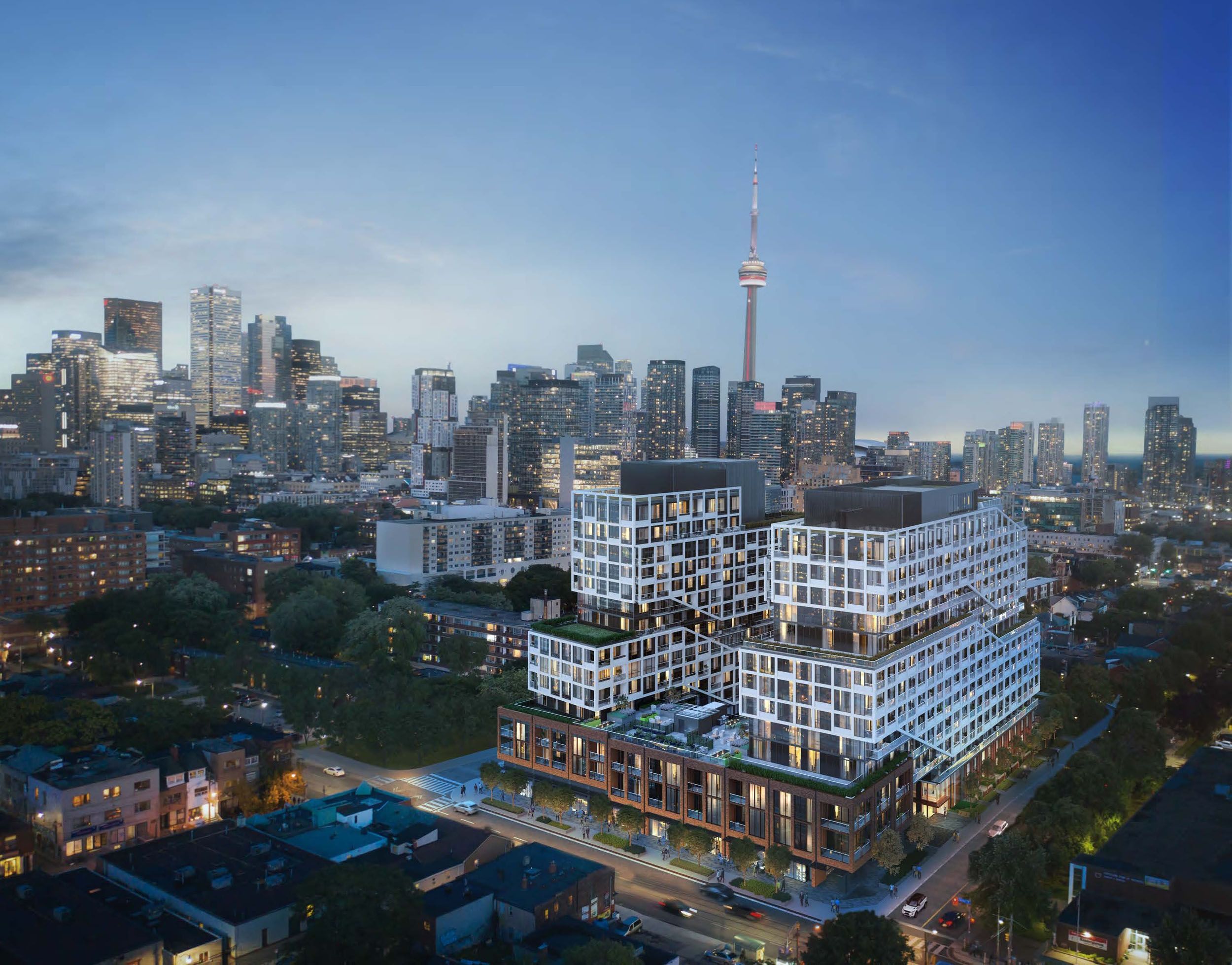 Architectural rendering of a new mixed-use development in downtown Toronto with the iconic CN Tower and city skyline in the background.