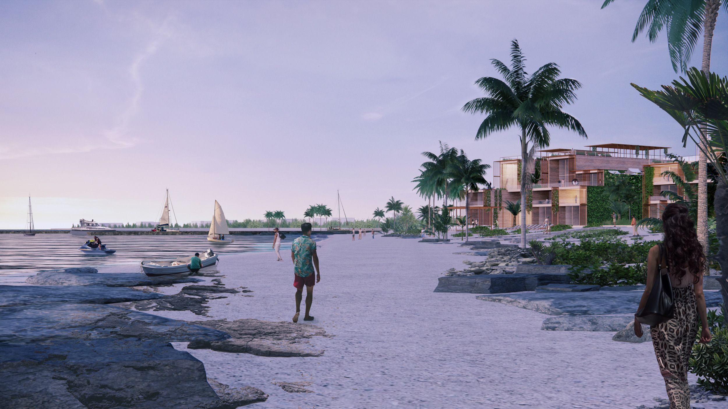 Architectural visualization of a beachfront resort development with sailboats in the water, a sandy beach pathway, and modern multi-story accommodations surrounded by palm trees.