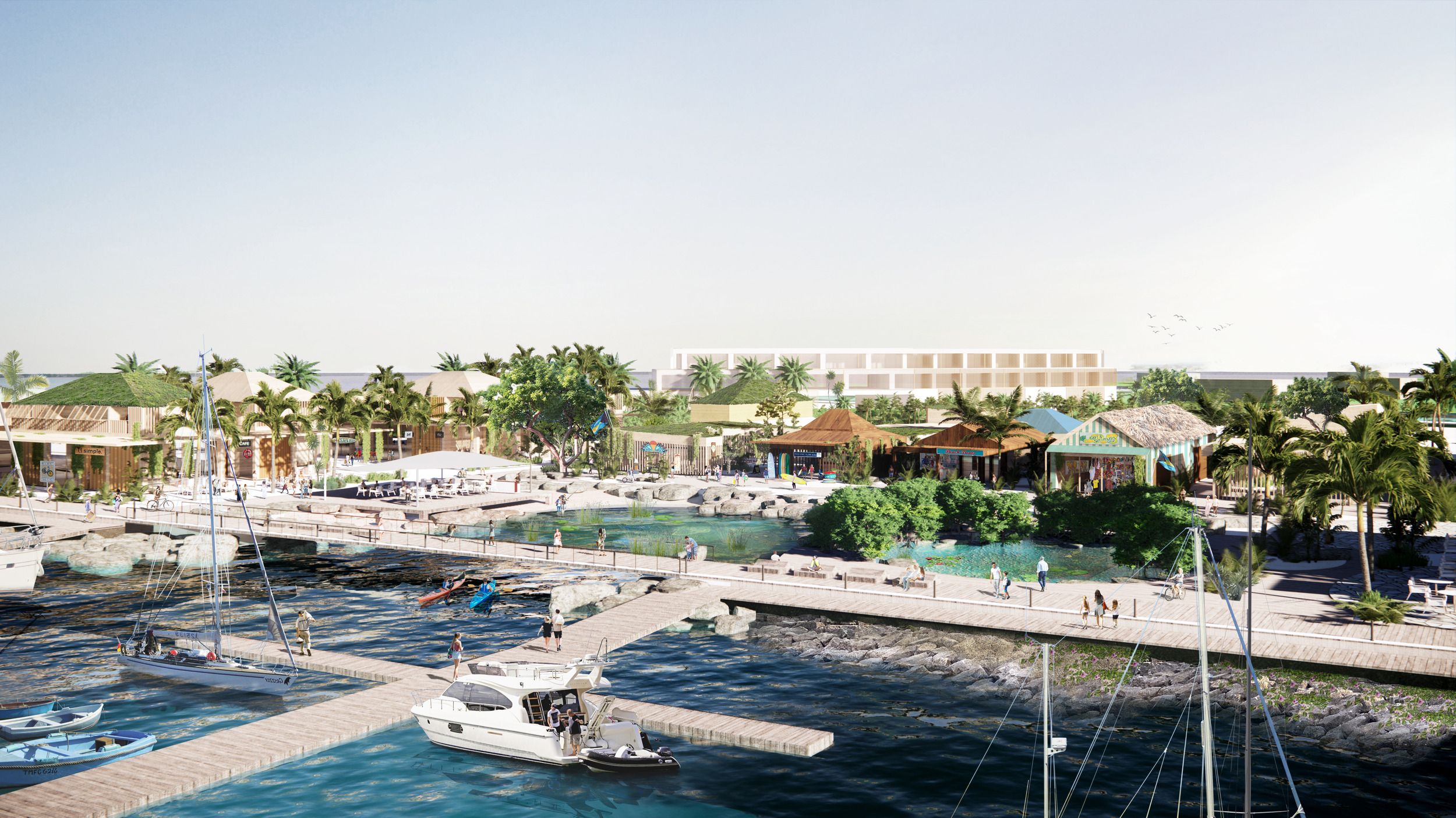Architectural rendering of a tropical marina development featuring waterfront dining venues, boat slips, and resort amenities alongside a waterway.