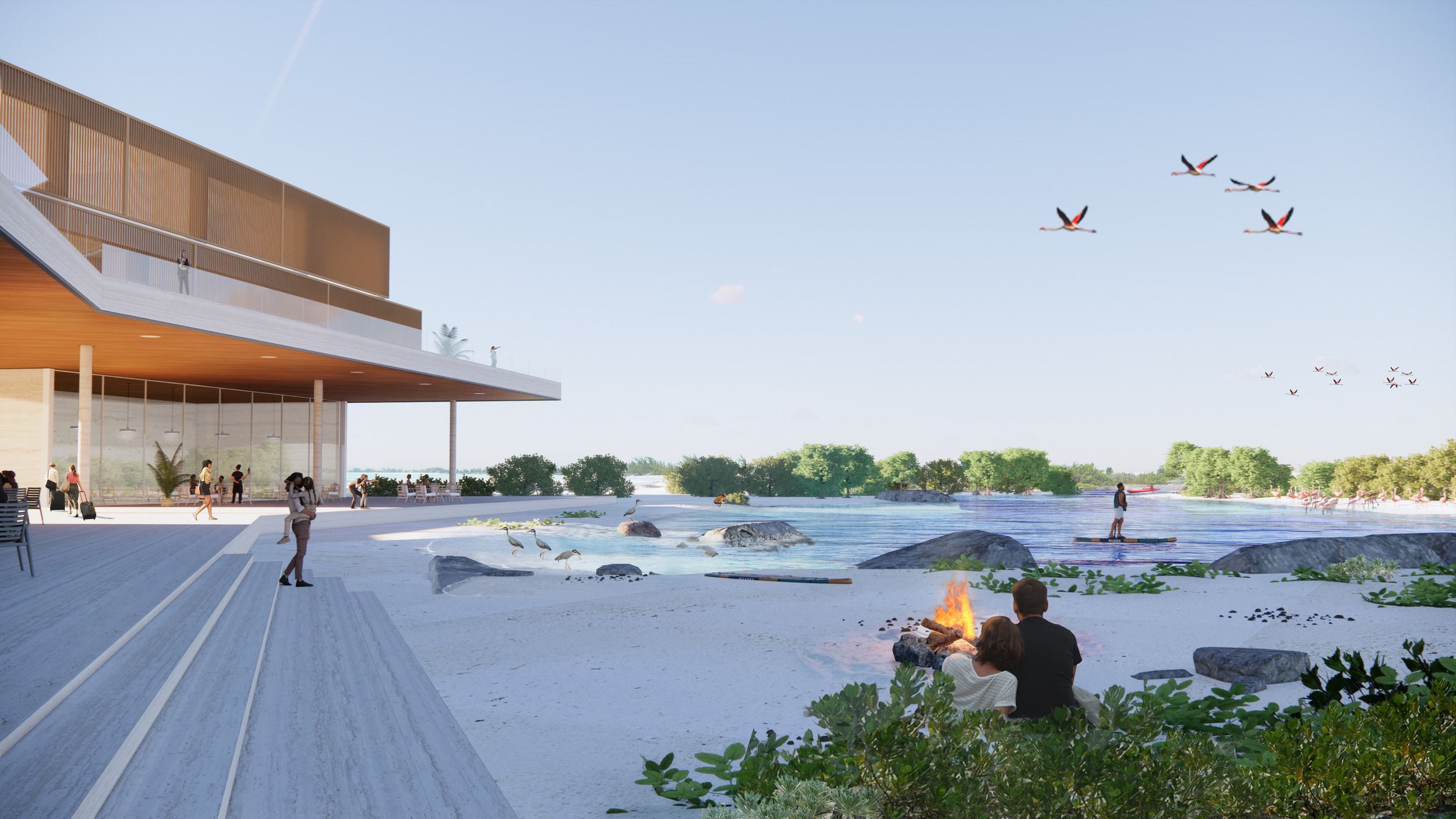 Architectural rendering of a modern waterfront visitor center with outdoor deck overlooking a beach area where visitors enjoy recreational activities while flamingos fly overhead.