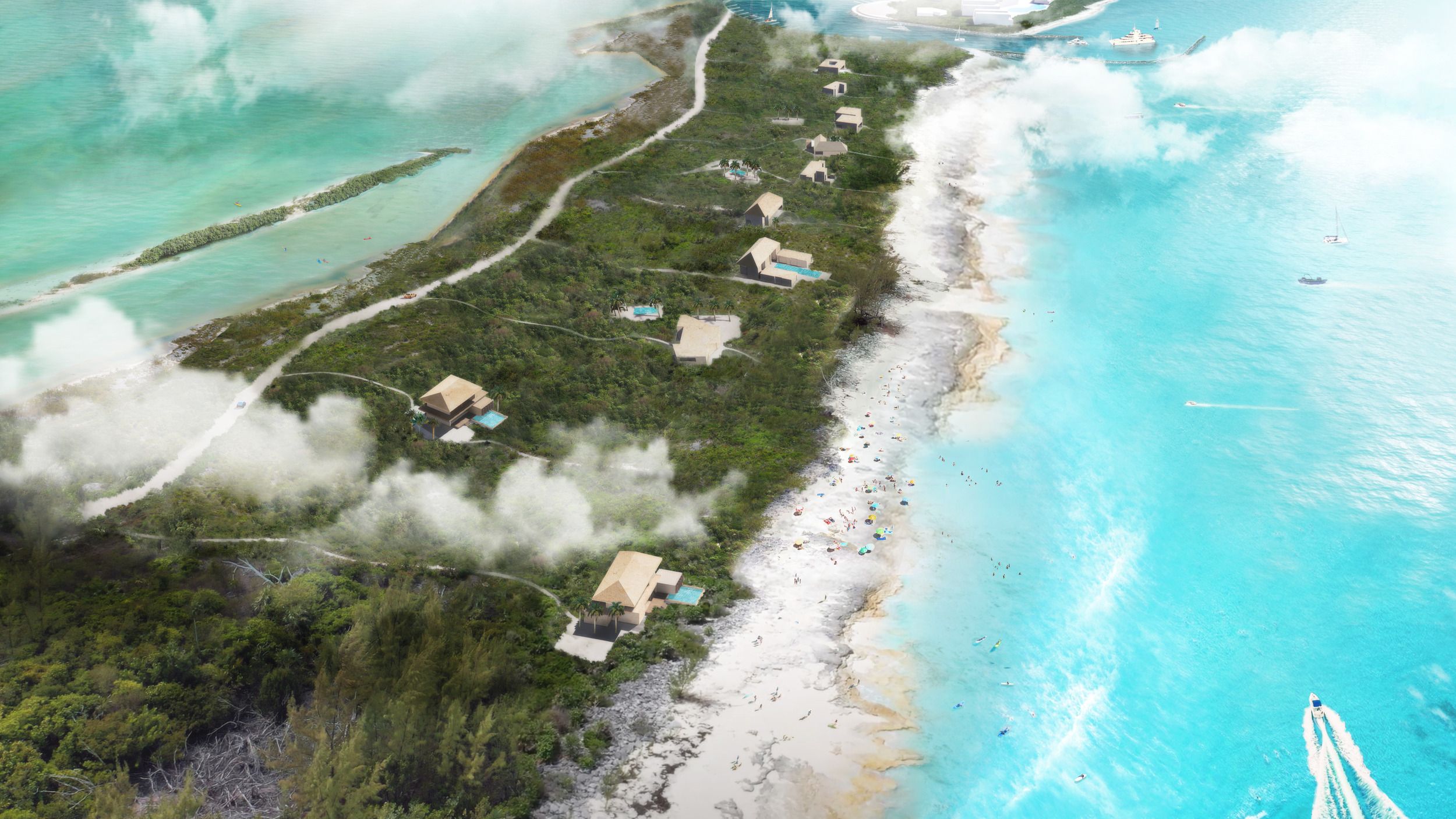 Aerial view of a tropical island coastline showing beachfront properties, white sand beach, and turquoise waters with boats.