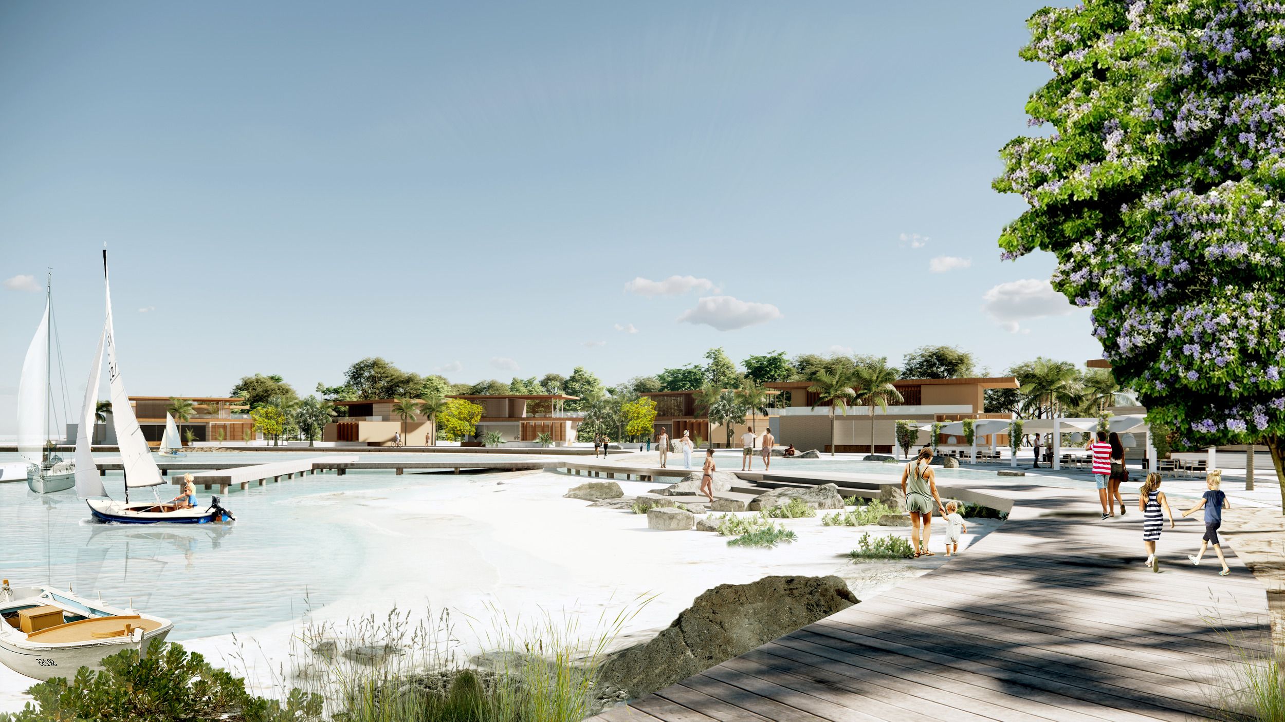 Architectural rendering of a waterfront development featuring modern residential units, a marina with sailboats, and a public boardwalk.