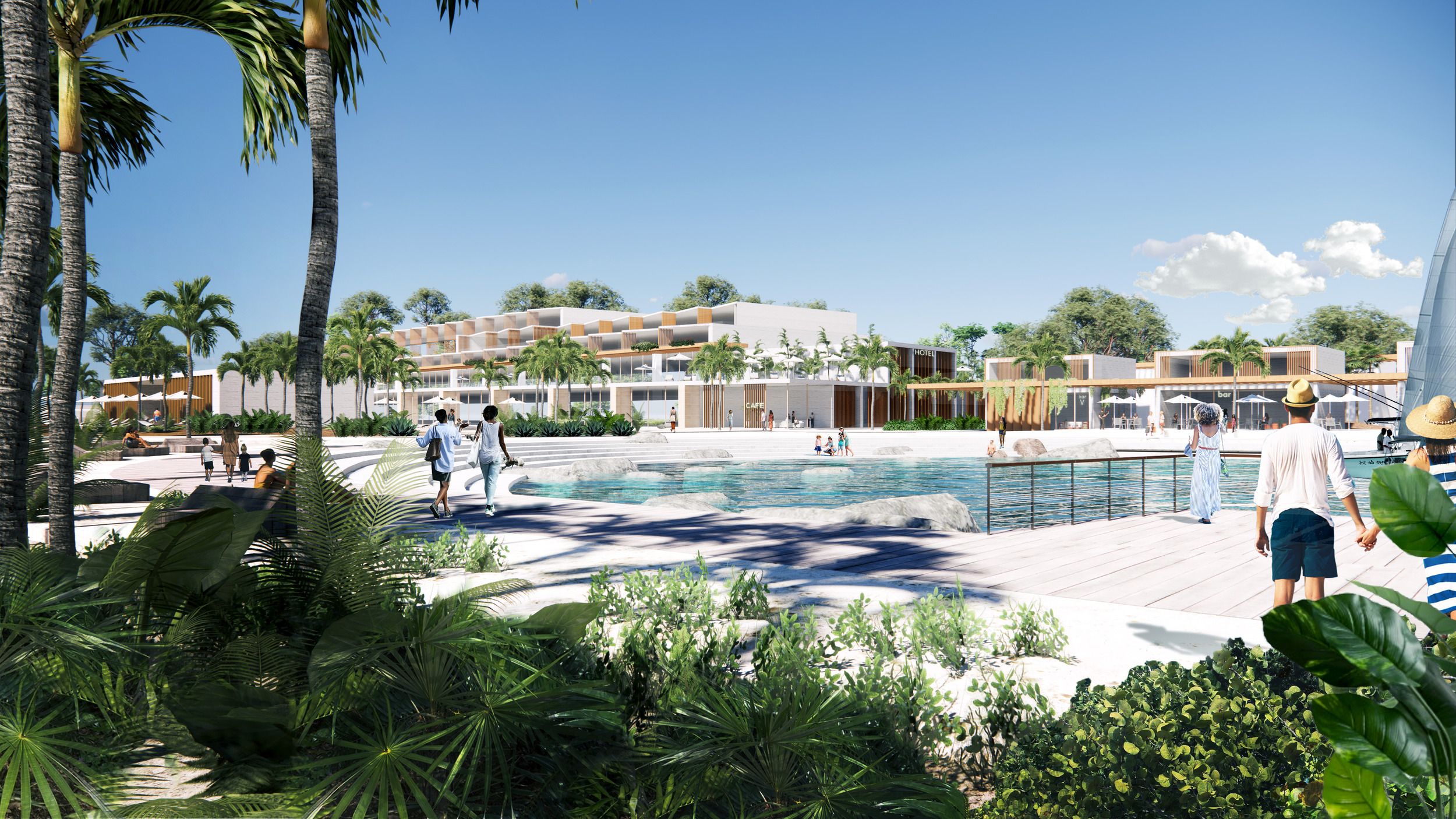 Architectural rendering of a luxury resort development featuring a pool deck, tropical landscaping, and modern multi-level buildings.