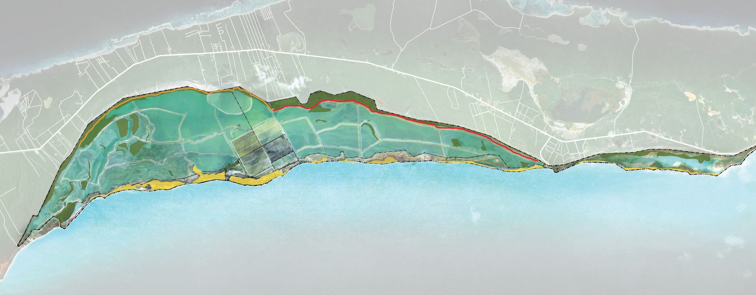 Aerial map showing coastal land use zones with waterfront areas highlighted in yellow and inland regions in green.