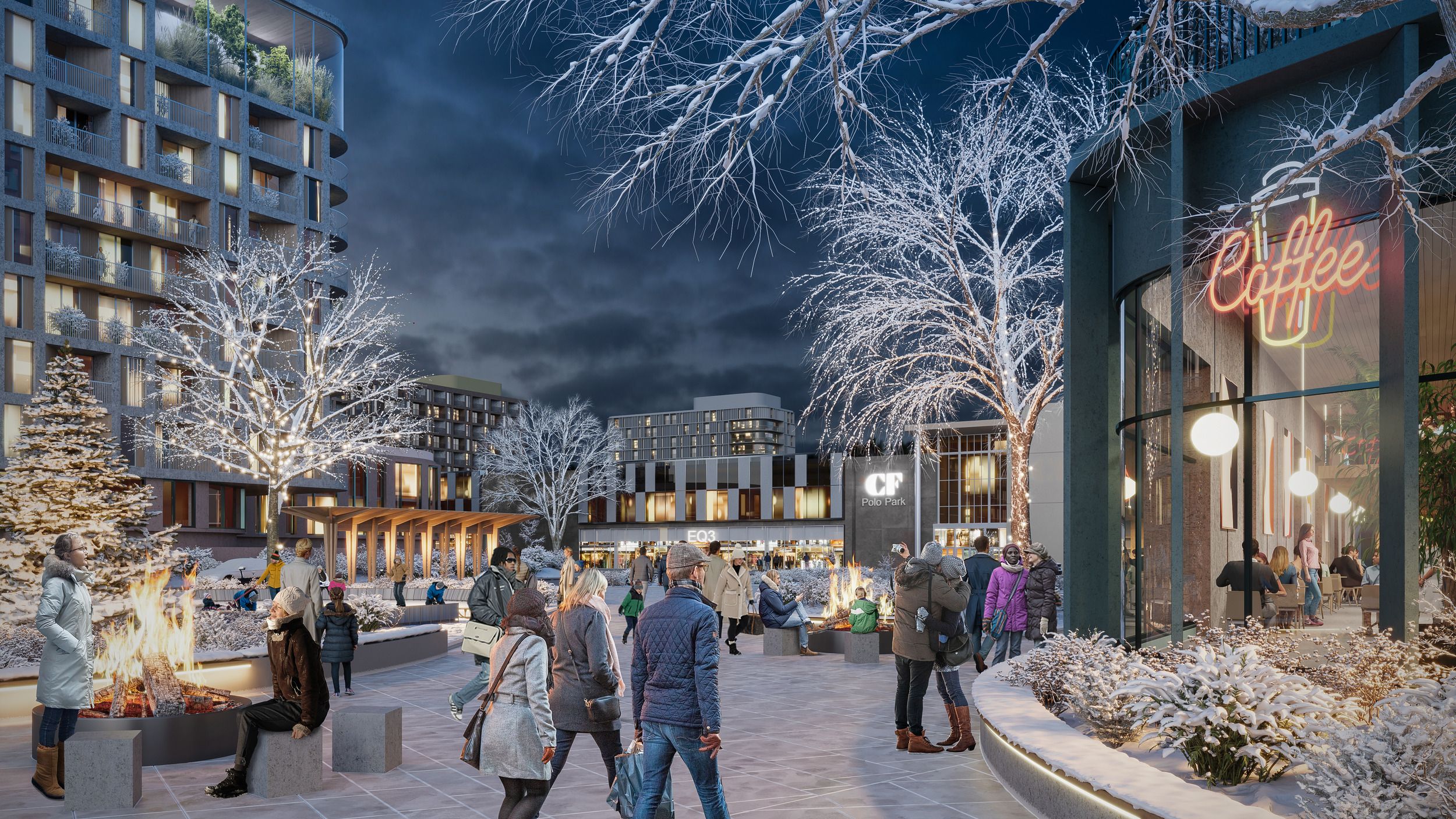 Architectural rendering of a winter plaza featuring illuminated trees, fire pits, a coffee shop, and mixed-use residential buildings with people gathering in the evening.