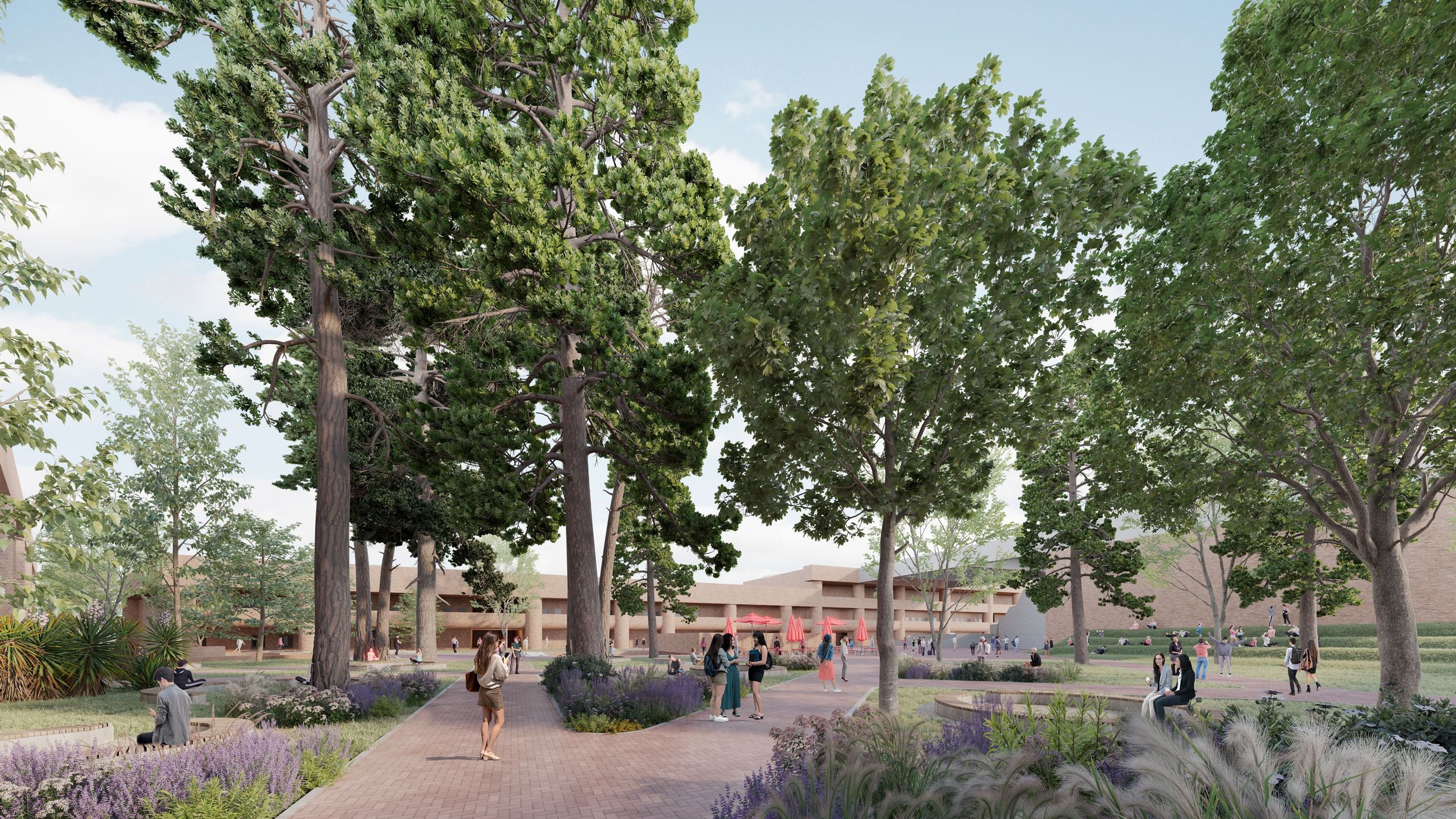 Architectural rendering of a landscaped pedestrian walkway with mature trees, lavender plantings, and retail buildings in the background.
