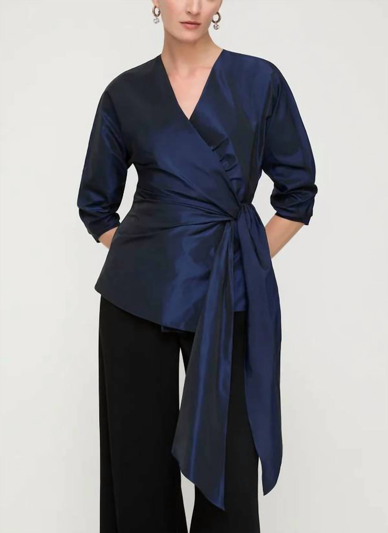 Lafayette 148 Taffeta Fitted Wrap Blouse Royal Blue