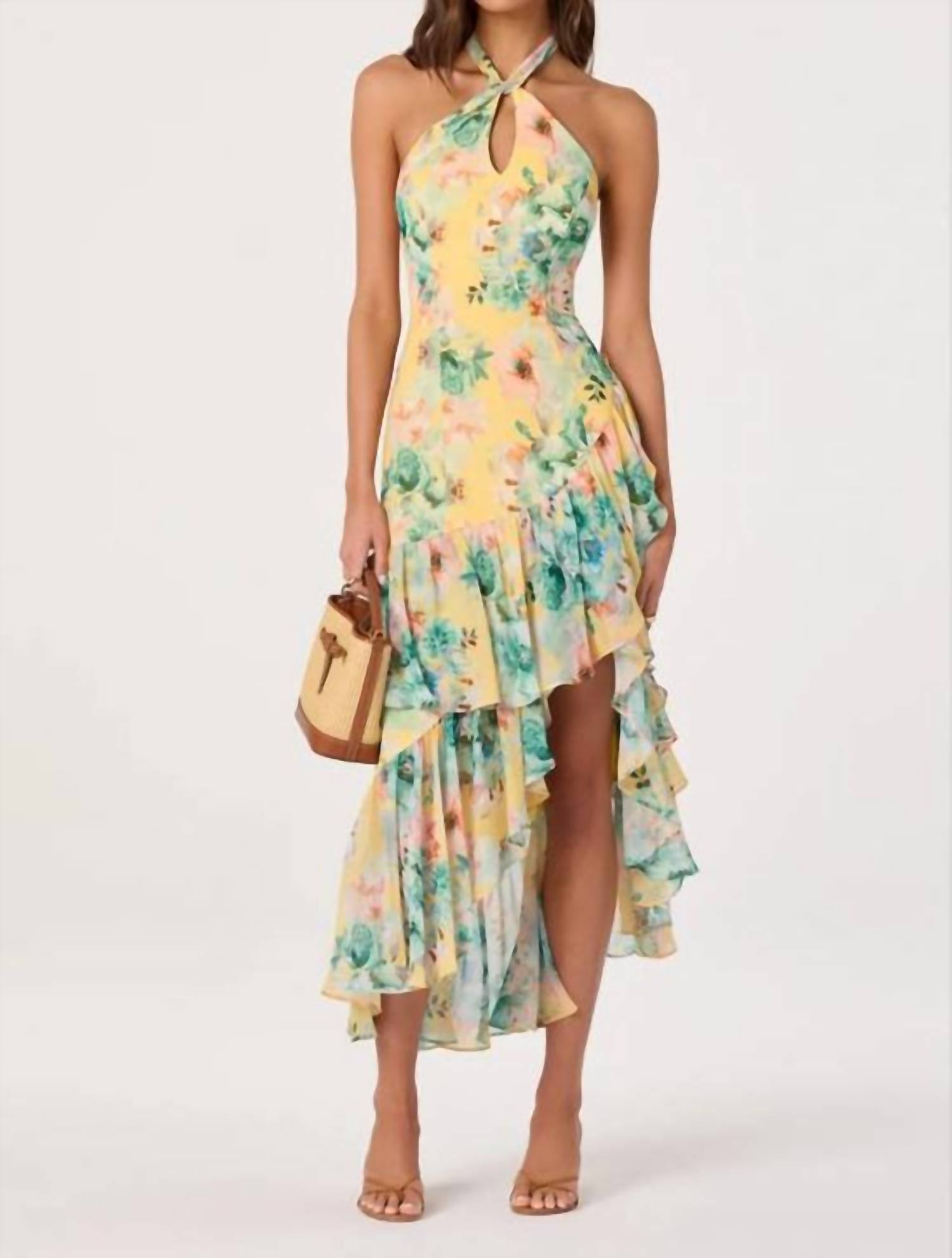Astr Bethina Midi Dress Yellow Green Floral