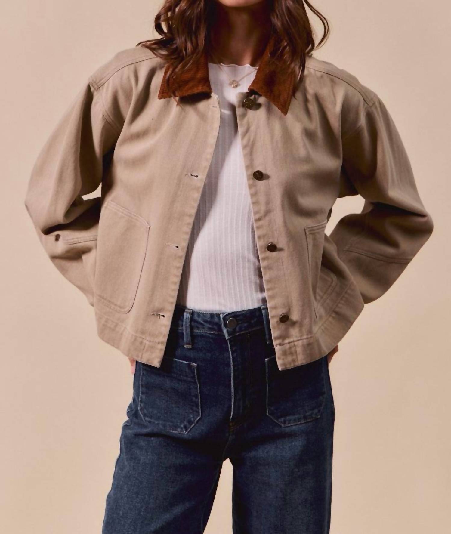 So Me Cropped Barn Jacket With A Corduroy Collar Taupe