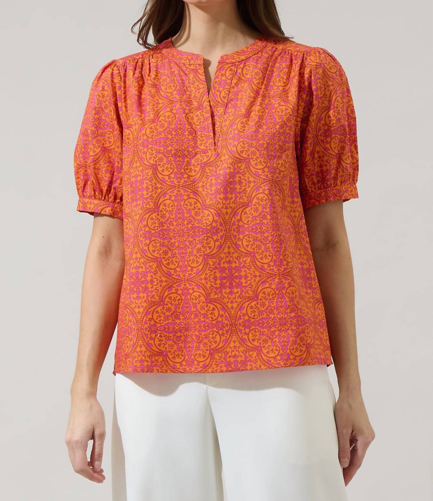 Sugarlips Debary Floral Neli Split Neck Top Flame-Orange
