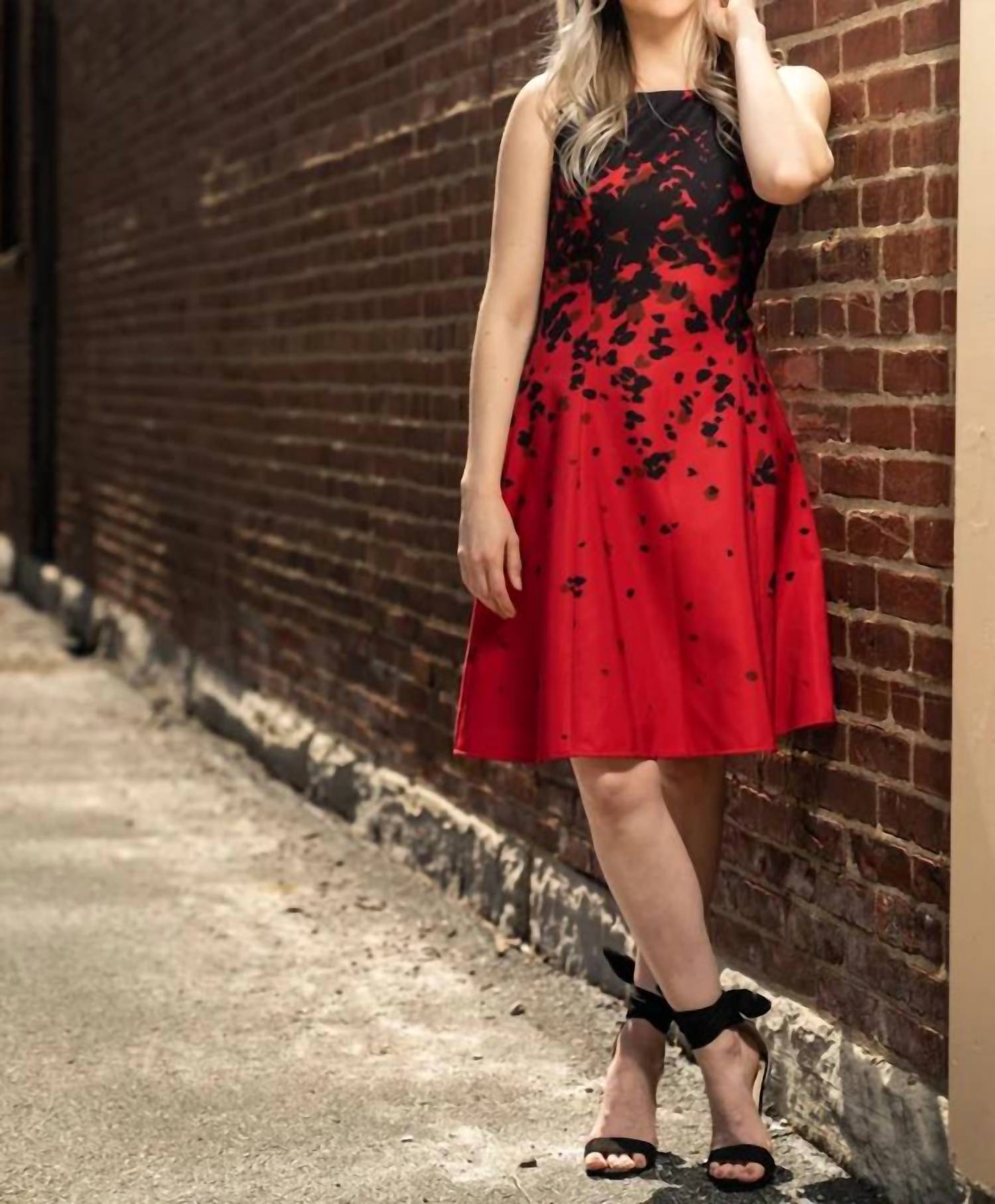 Samuel Dong A-Line Print Dress Red/ Black