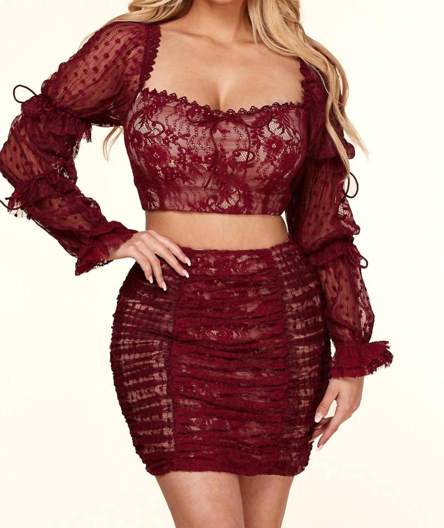 Little Secret Of Mine Mini Skirt Set: Velvet Lace Elegance Mesh Red Wine - Picture 3 of 13
