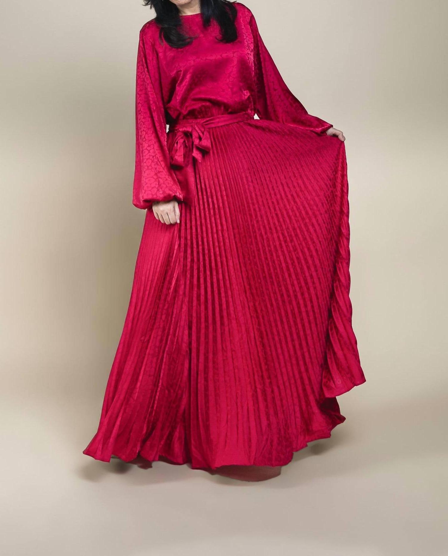 Flying Tomato Pleated Bottom With Batwing Long Sleeve Maxi Dress Red - Picture 2 of 13