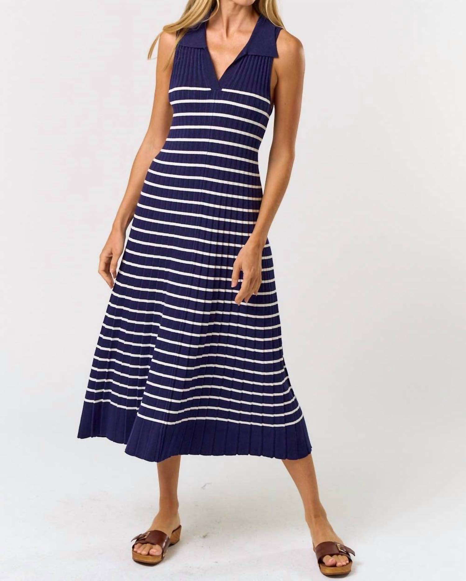 Lalavon Striped Sleeveless Ribbed Midi Dress Navy Blue