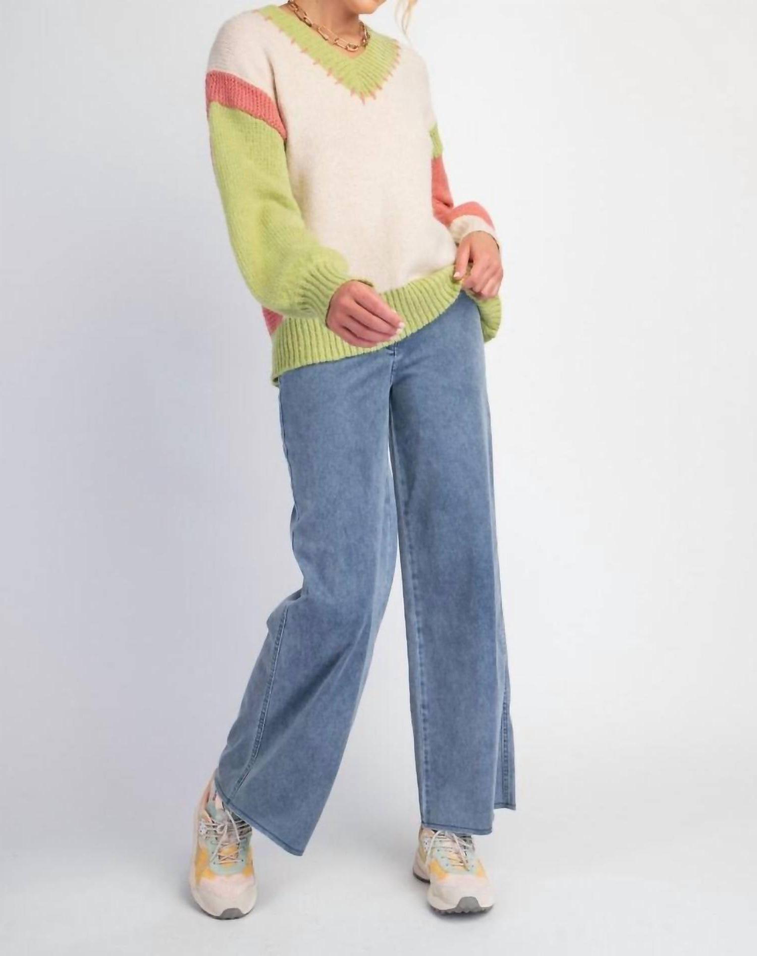 Easel Color Block Knit Pullover Sweater Oatmeal - Picture 3 of 11