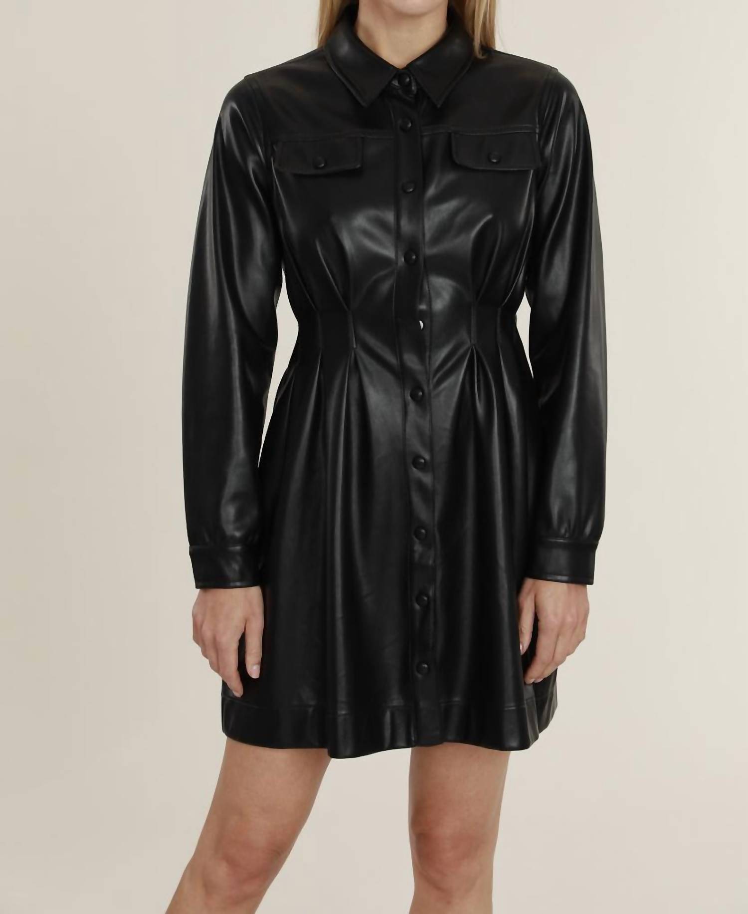 Dolce Cabo Vegan Leather Puff Shoulder Belted Dress Black