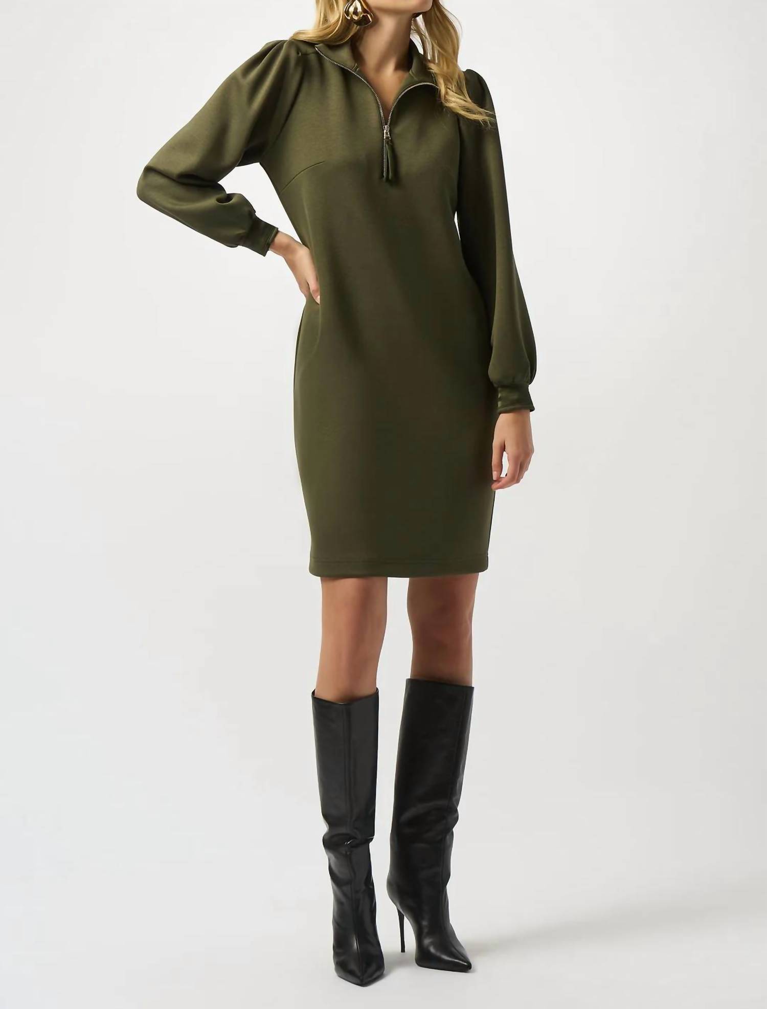 Joseph Ribkoff Zipped Collared Long Puff Sleeves Shift Dress Khaki