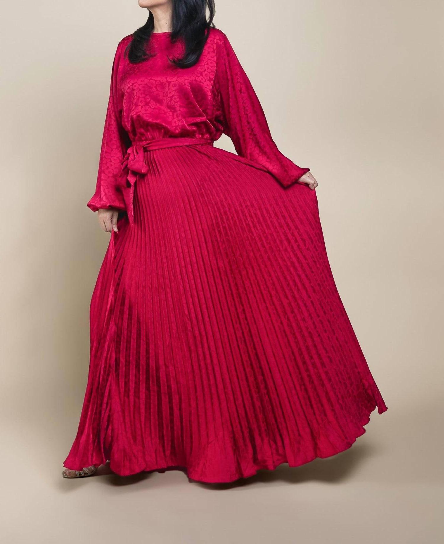 Flying Tomato Pleated Bottom With Batwing Long Sleeve Maxi Dress Red - Picture 4 of 13