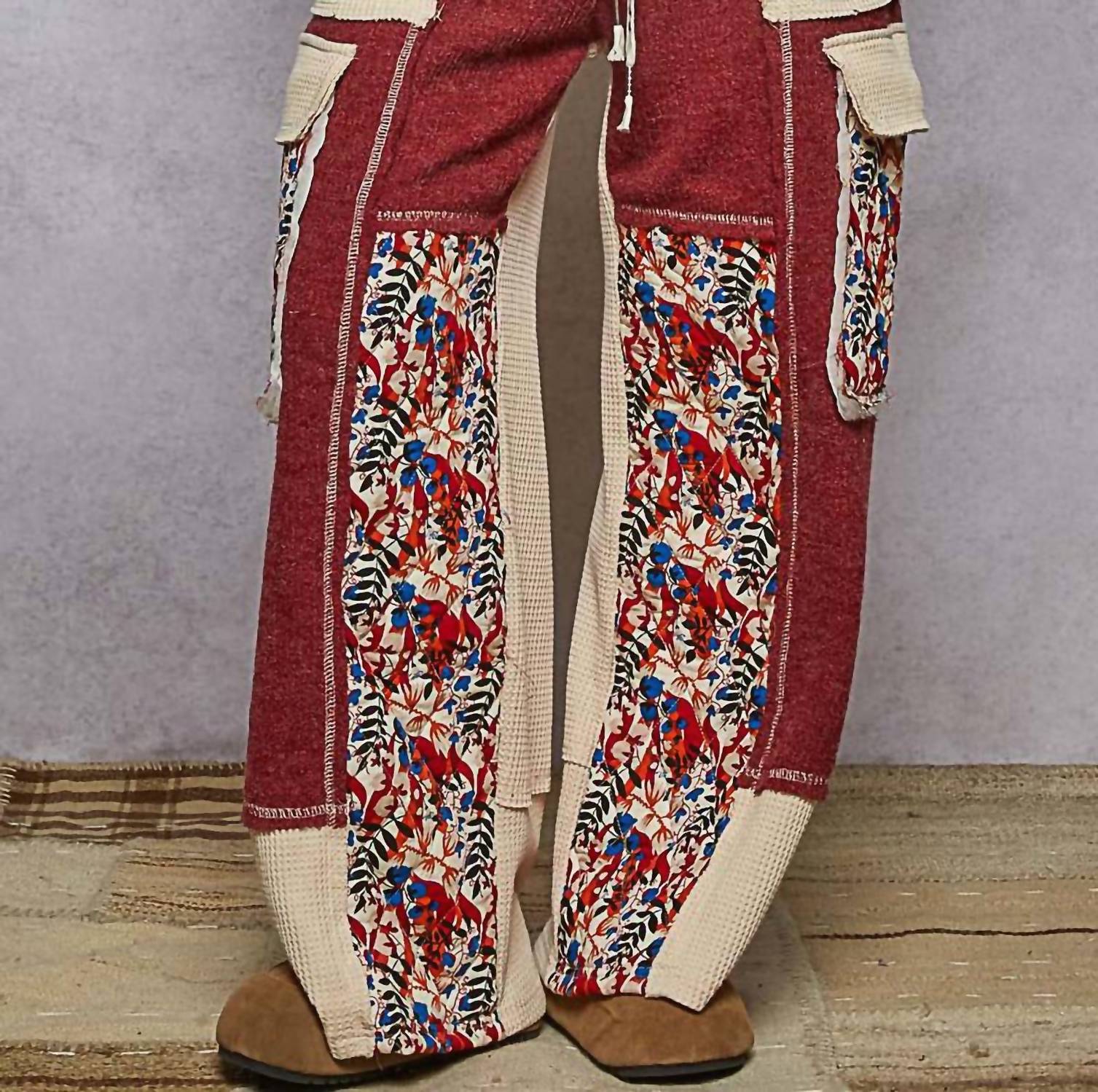 Pol Contrast Thermal Knit Patchwork Pants Burgundy
