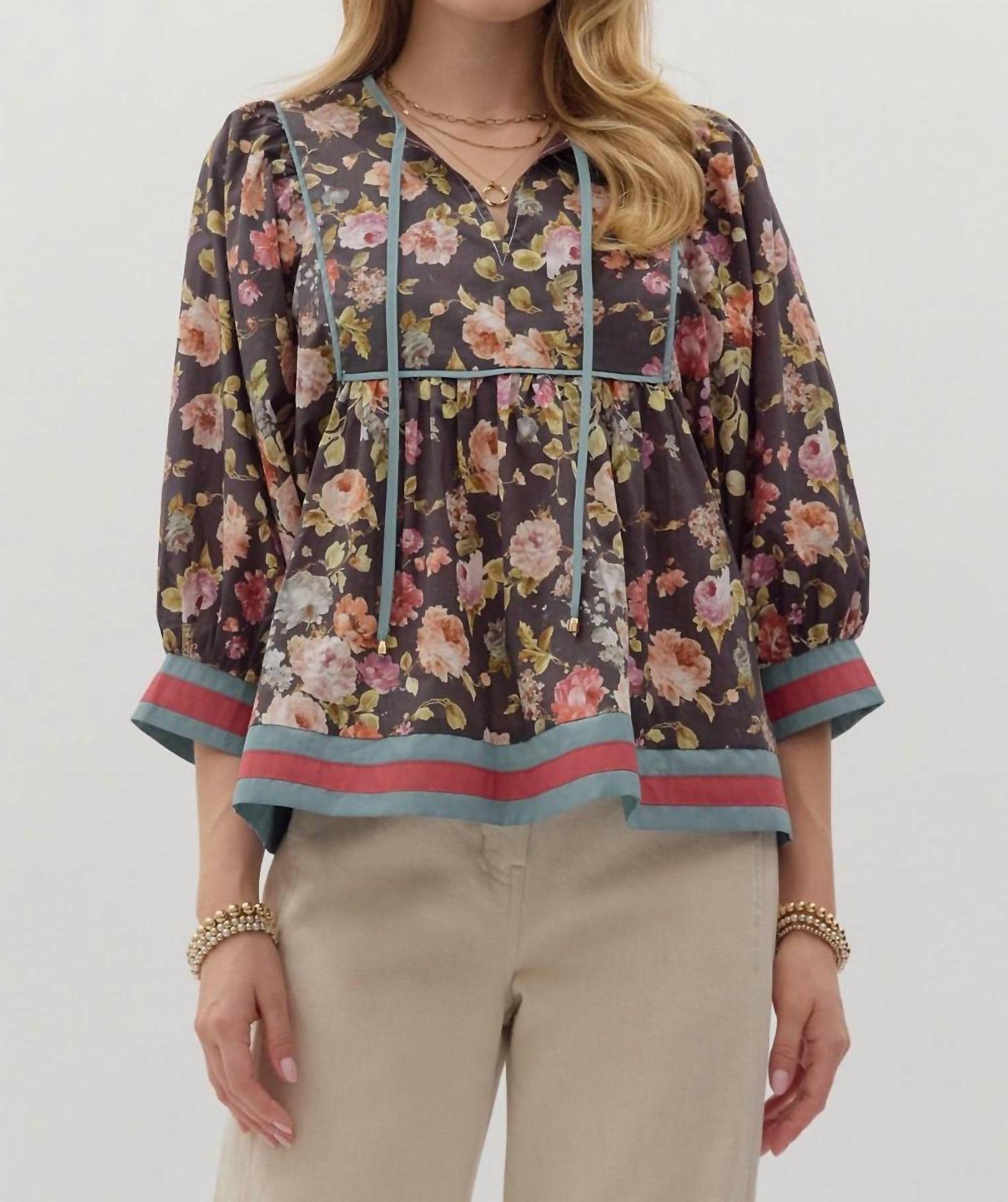 Entro Vintage Floral Top Chocolate Multi - Picture 2 of 9