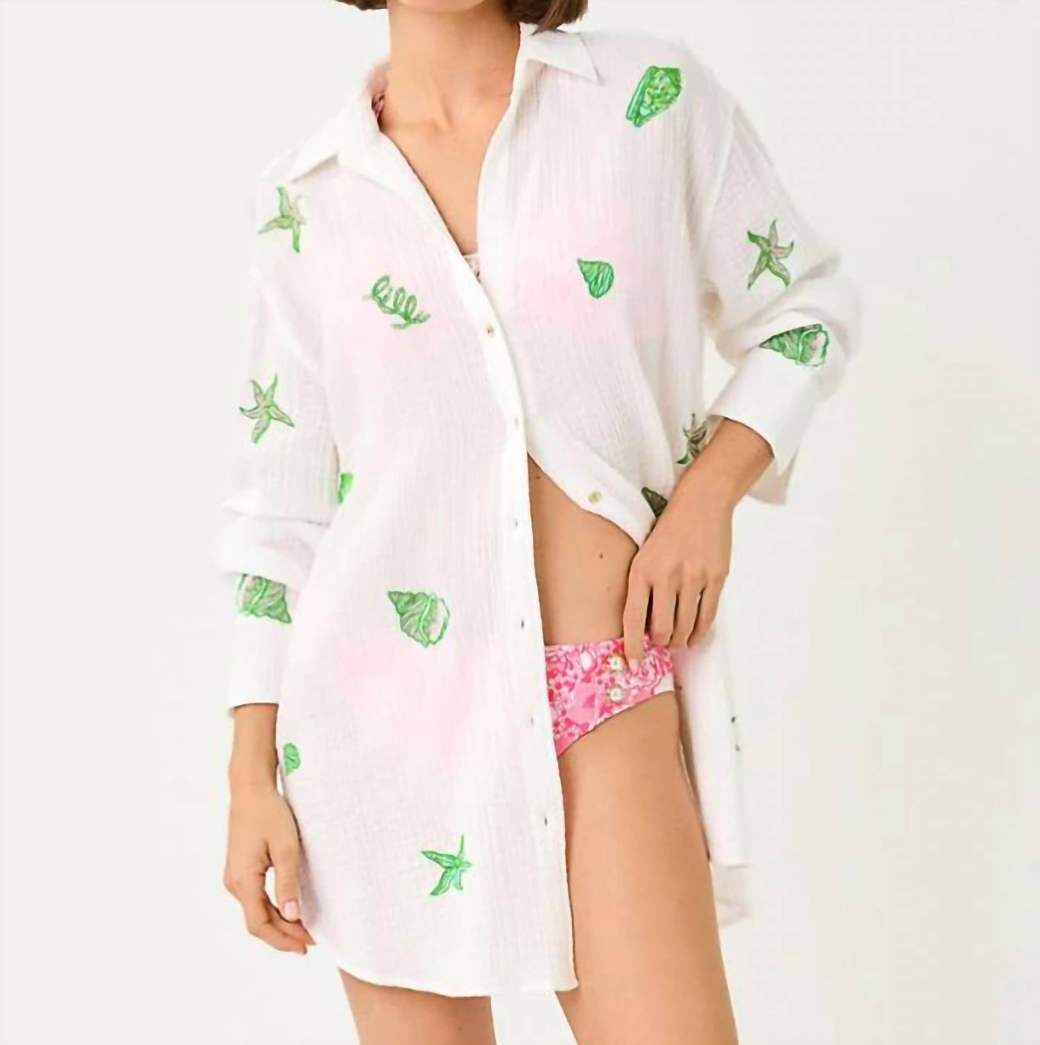 Lilly Pulitzer Kwitney Long-Sleeve Coverup Resort White Ship To Shore Embroidery