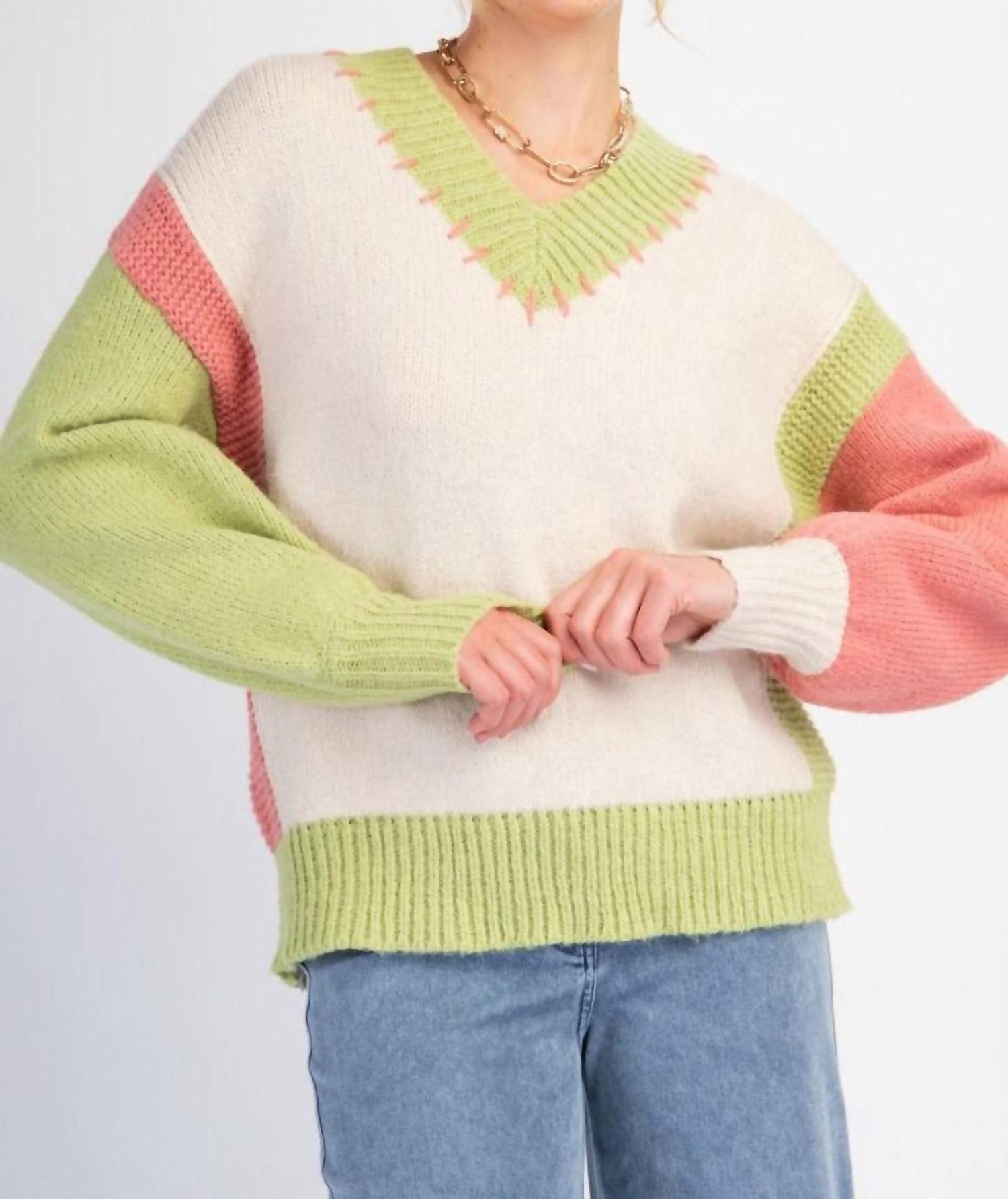 Easel Color Block Knit Pullover Sweater Oatmeal - Picture 2 of 11