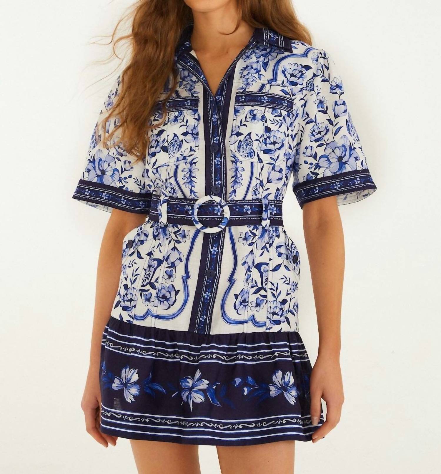 Farm Rio Porcelain Garden Linen Mini Dress Off-White