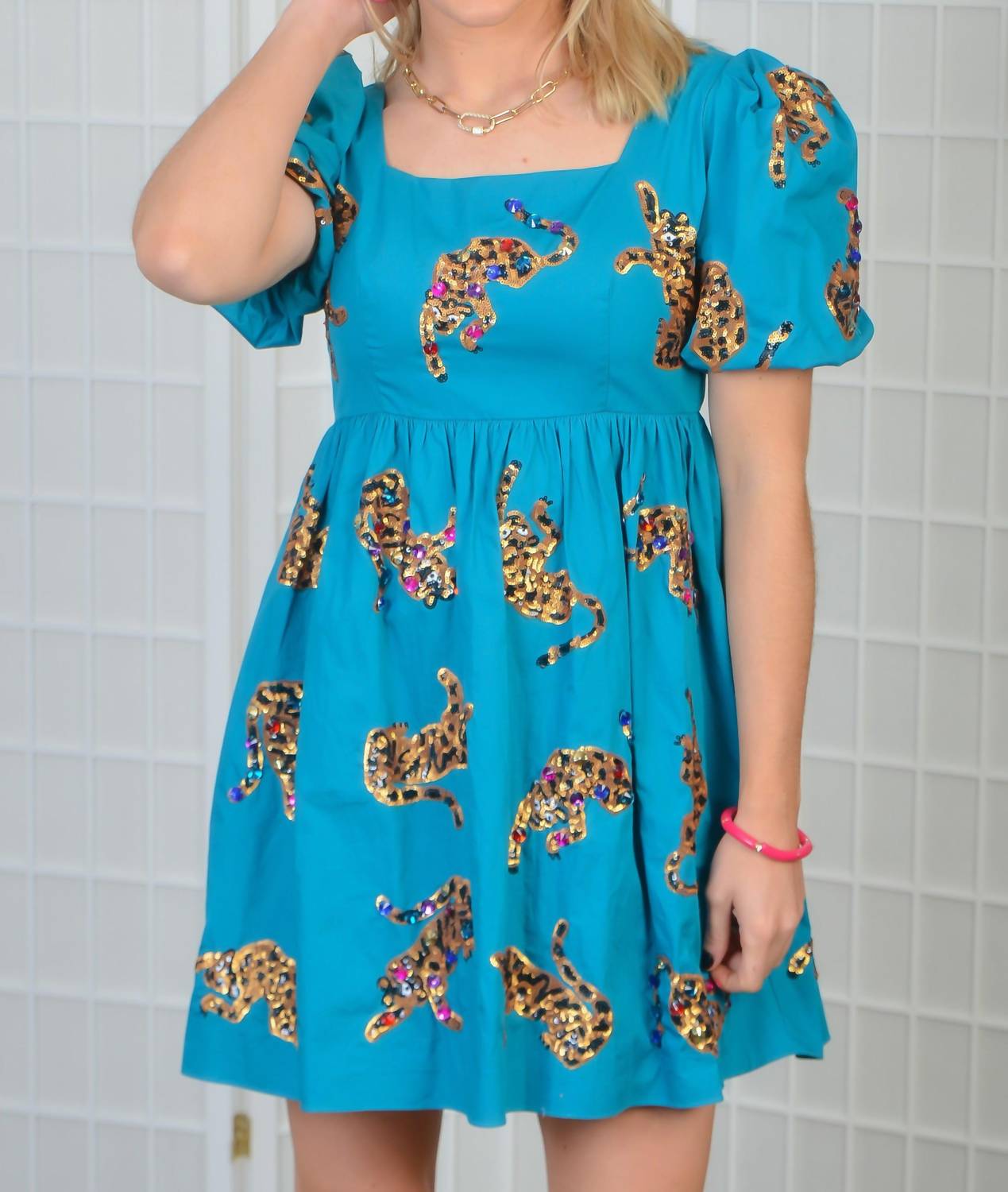 QUEEN OF SPARKLES QUEEN OF SPARKLES LEAPIN' LEOPARDS BABYDOLL DRESS IN TEAL